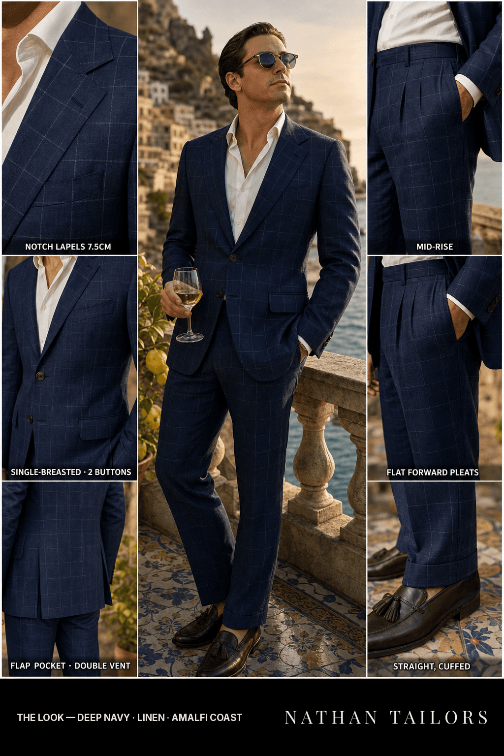 deep navy windowpane single-breasted bespoke suit — custom tailored by Nathan Tailors, the Hoi An custom tailor