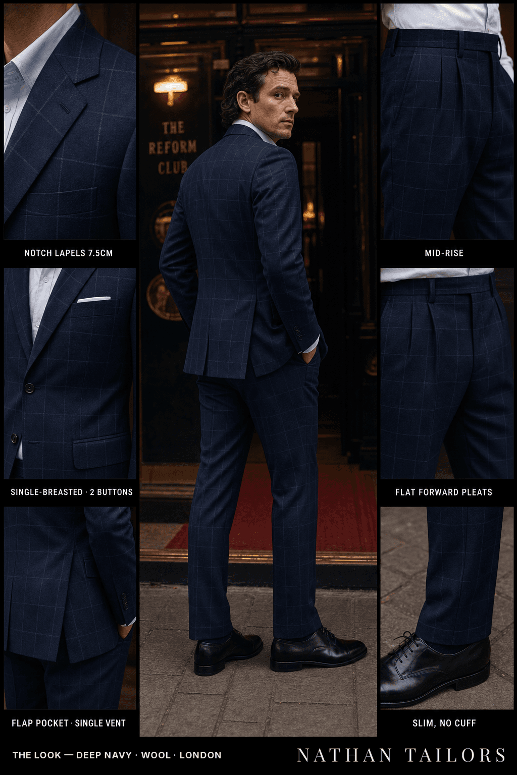 deep navy windowpane single-breasted notch-lapel bespoke suit — AI-rendered by Nathan Tailors, the Hoi An custom tailor. Available as a custom tailored suit from $149.