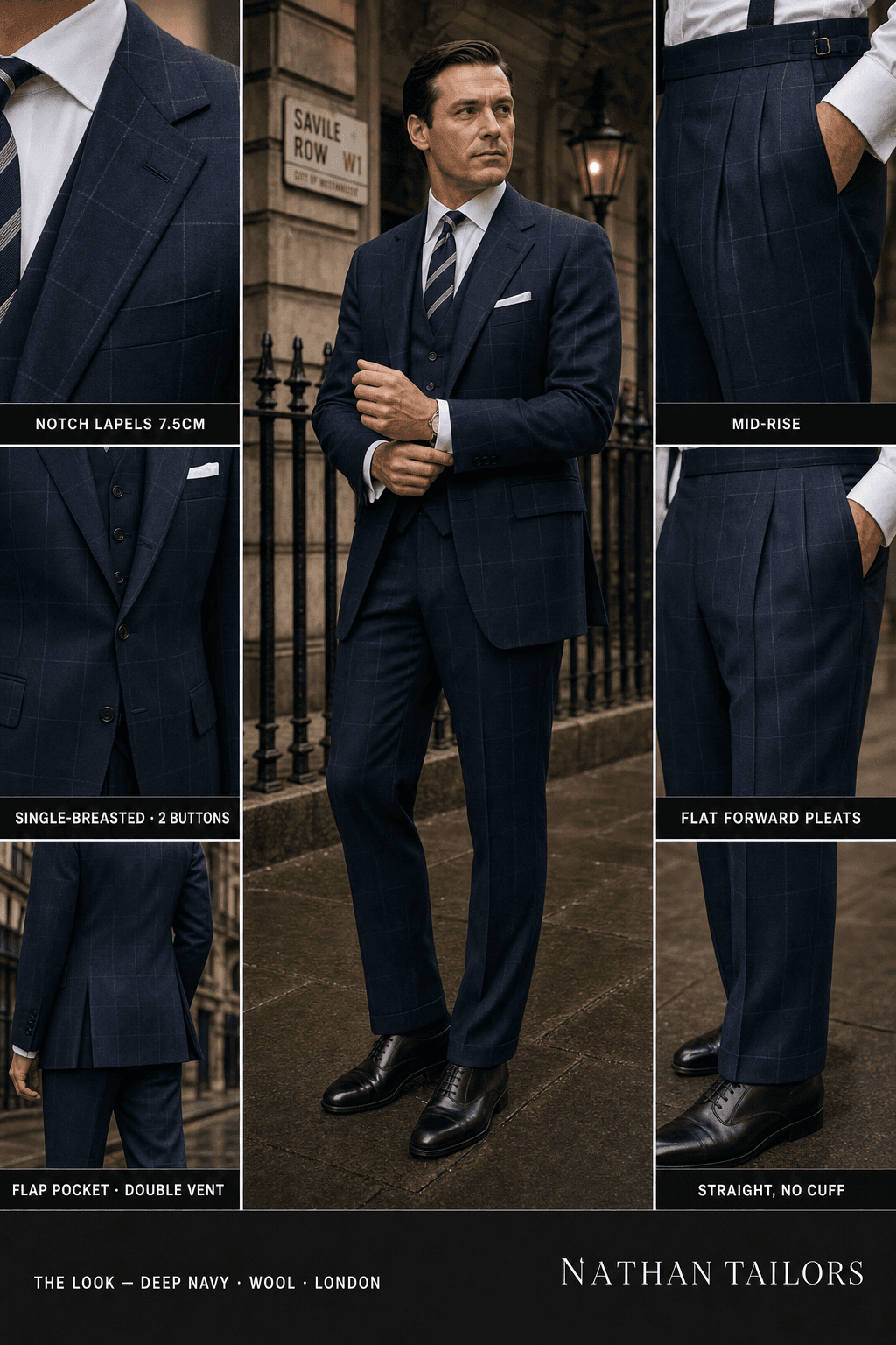 deep navy windowpane single-breasted bespoke suit — custom tailored by Nathan Tailors, the Hoi An custom tailor