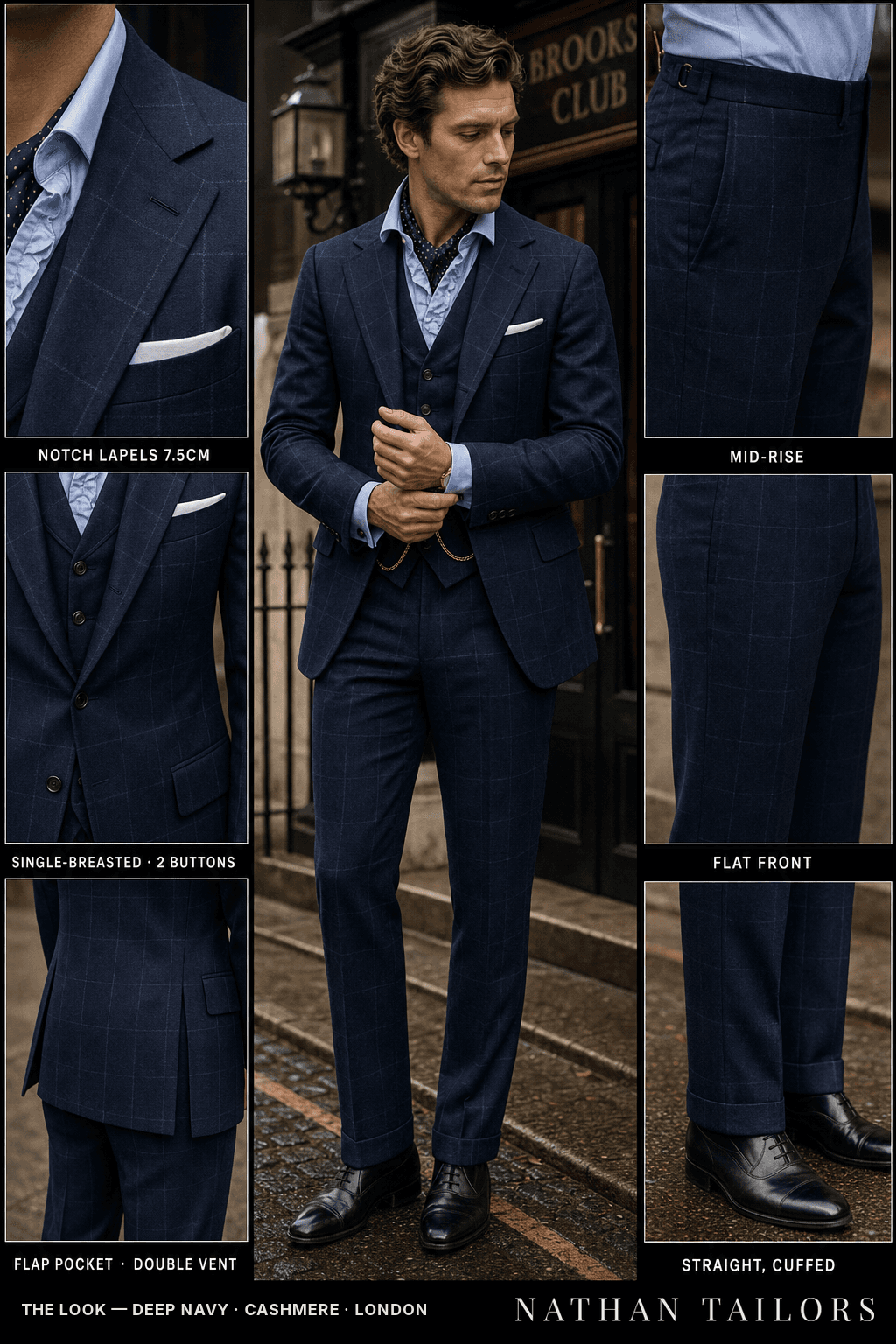 deep navy windowpane single-breasted bespoke suit — custom tailored by Nathan Tailors, the Hoi An custom tailor