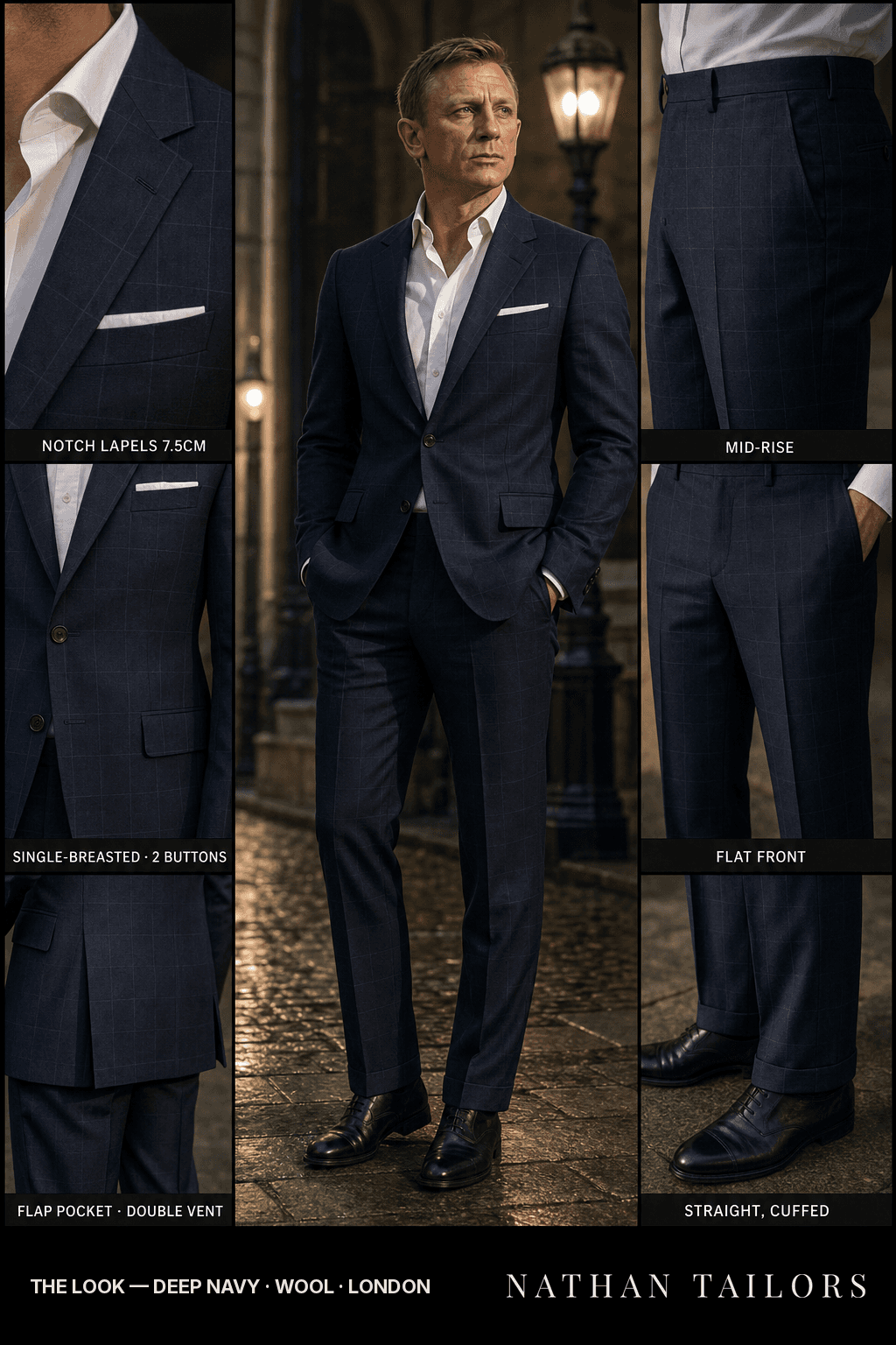 deep navy windowpane single-breasted bespoke suit — custom tailored by Nathan Tailors, the Hoi An custom tailor
