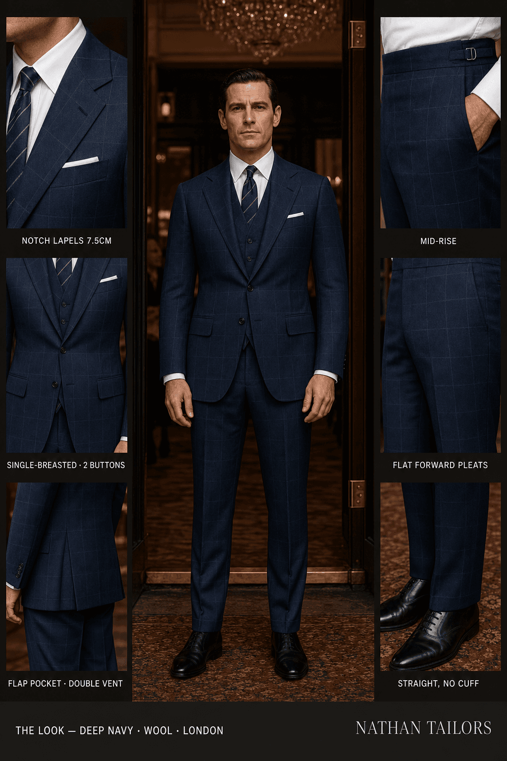 deep navy windowpane single-breasted bespoke suit — custom tailored by Nathan Tailors, the Hoi An custom tailor