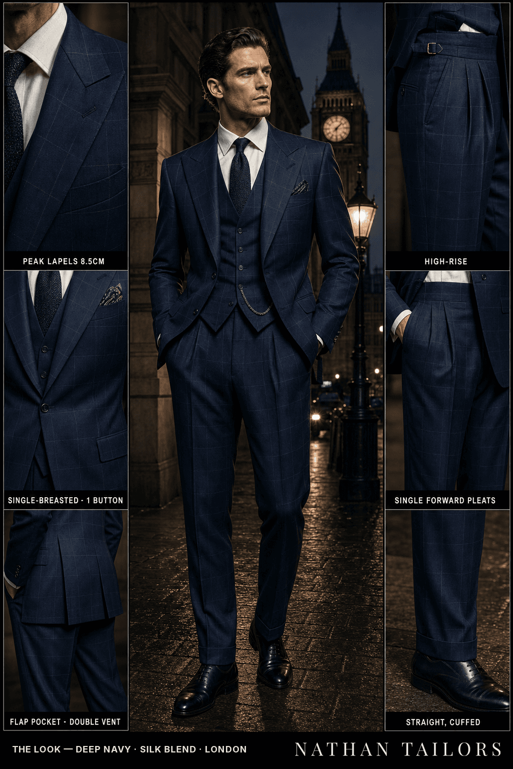 deep navy windowpane single-breasted bespoke suit — custom tailored by Nathan Tailors, the Hoi An custom tailor