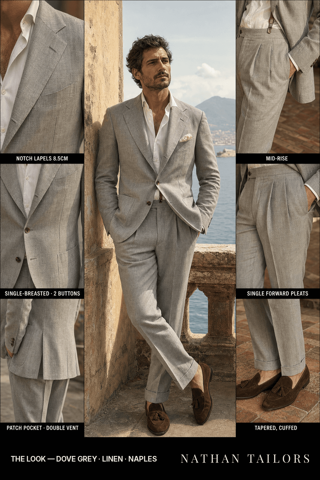 dove grey single-breasted notch-lapel bespoke suit — AI-rendered by Nathan Tailors, the Hoi An custom tailor. Available as a custom tailored suit from $149.