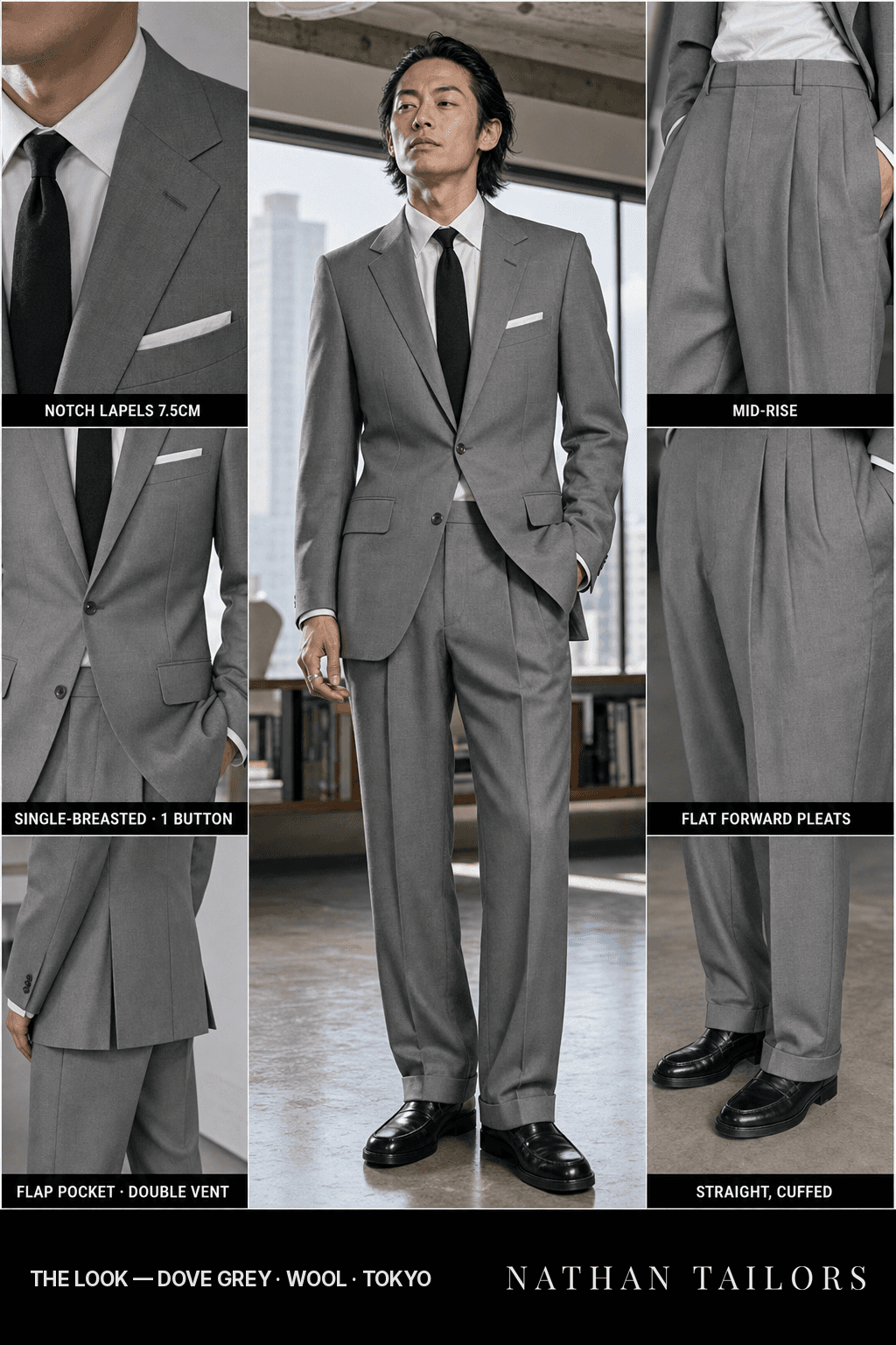 dove grey single-breasted notch-lapel bespoke suit — AI-rendered by Nathan Tailors, the Hoi An custom tailor. Available as a custom tailored suit from $149.