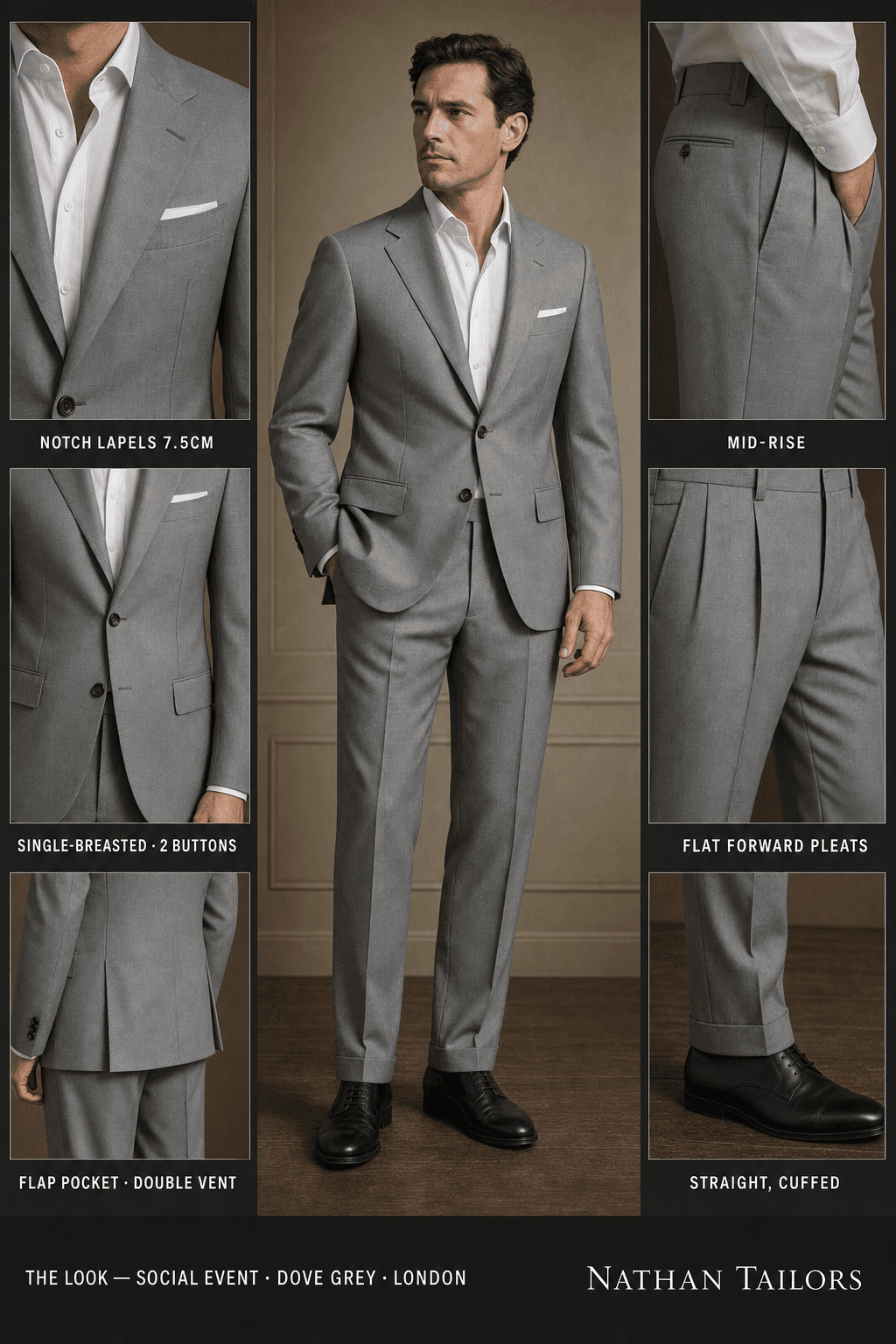 dove grey single-breasted notch-lapel bespoke suit — AI-rendered by Nathan Tailors, the Hoi An custom tailor. Available as a custom tailored suit from $129.