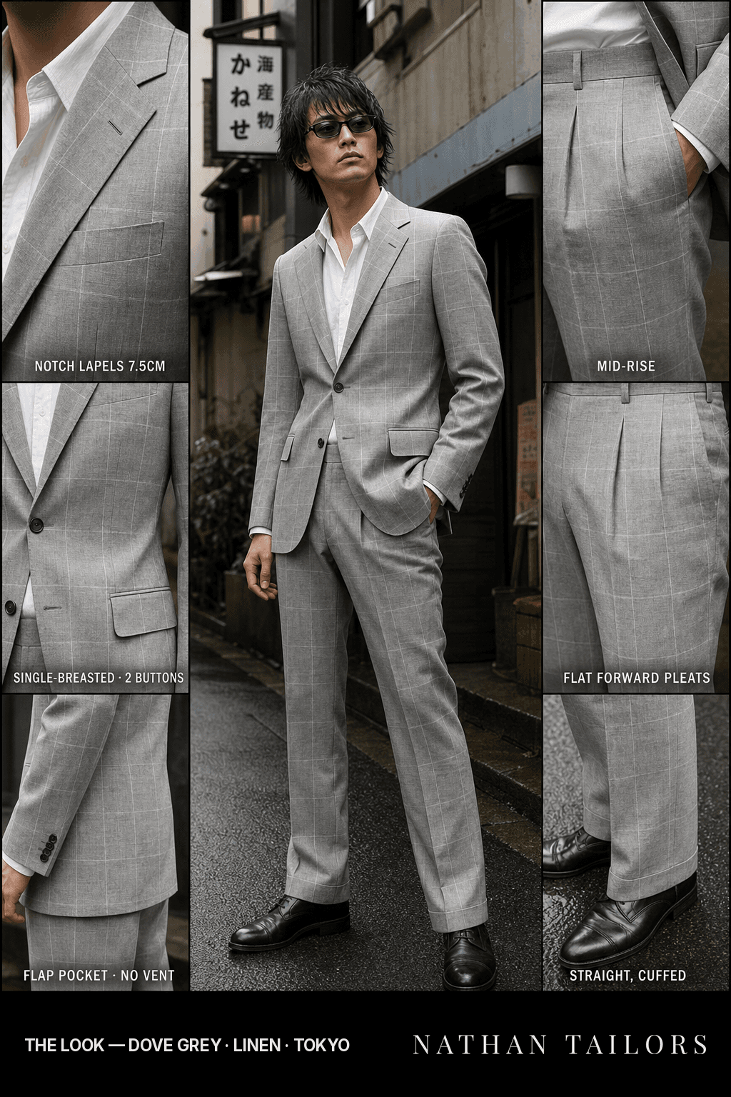dove grey windowpane single-breasted notch-lapel bespoke suit — AI-rendered by Nathan Tailors, the Hoi An custom tailor. Available as a custom tailored suit from $149.