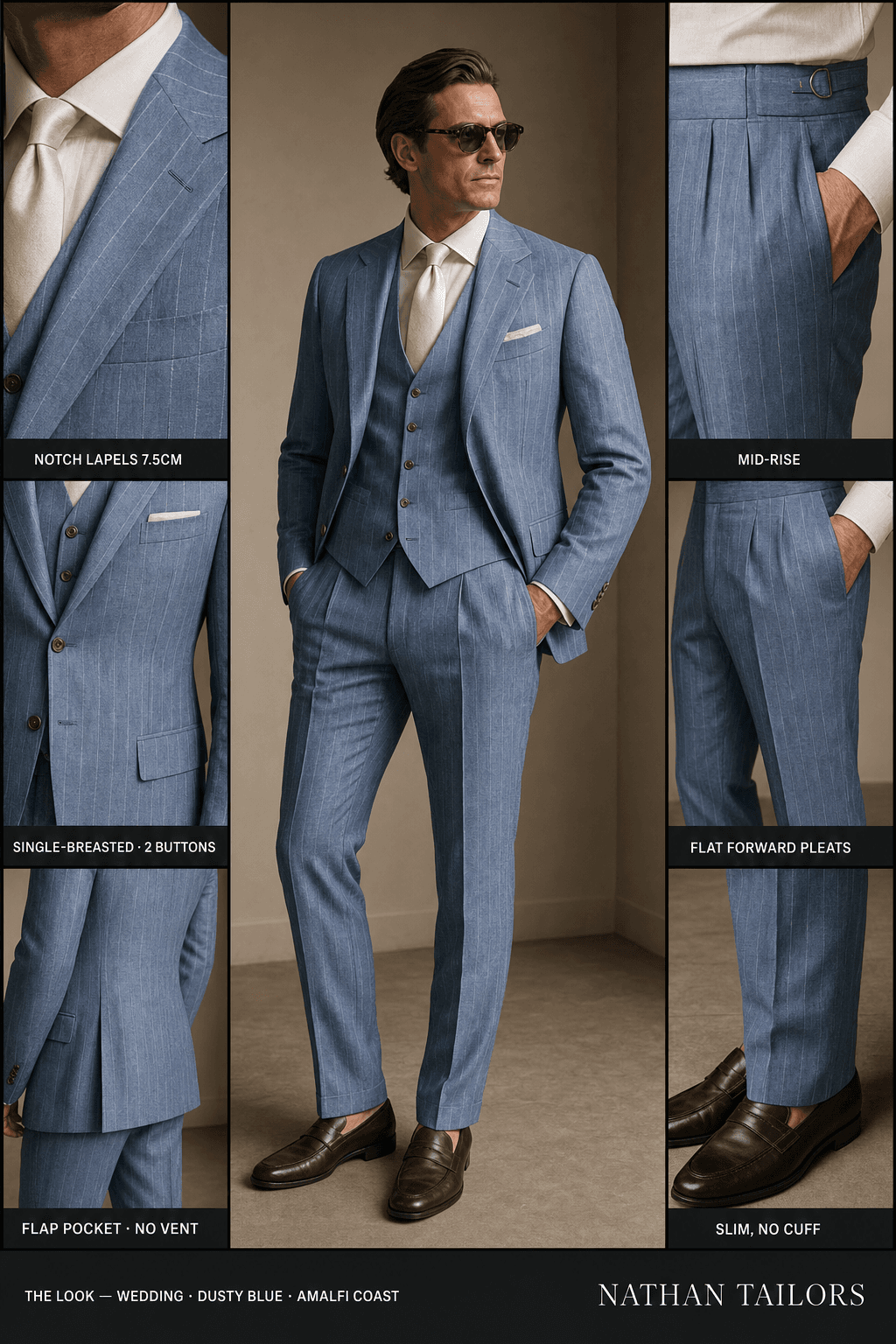 dusty blue chalk stripe single-breasted notch-lapel bespoke suit — AI-rendered by Nathan Tailors, the Hoi An custom tailor. Available as a custom tailored suit from $129.