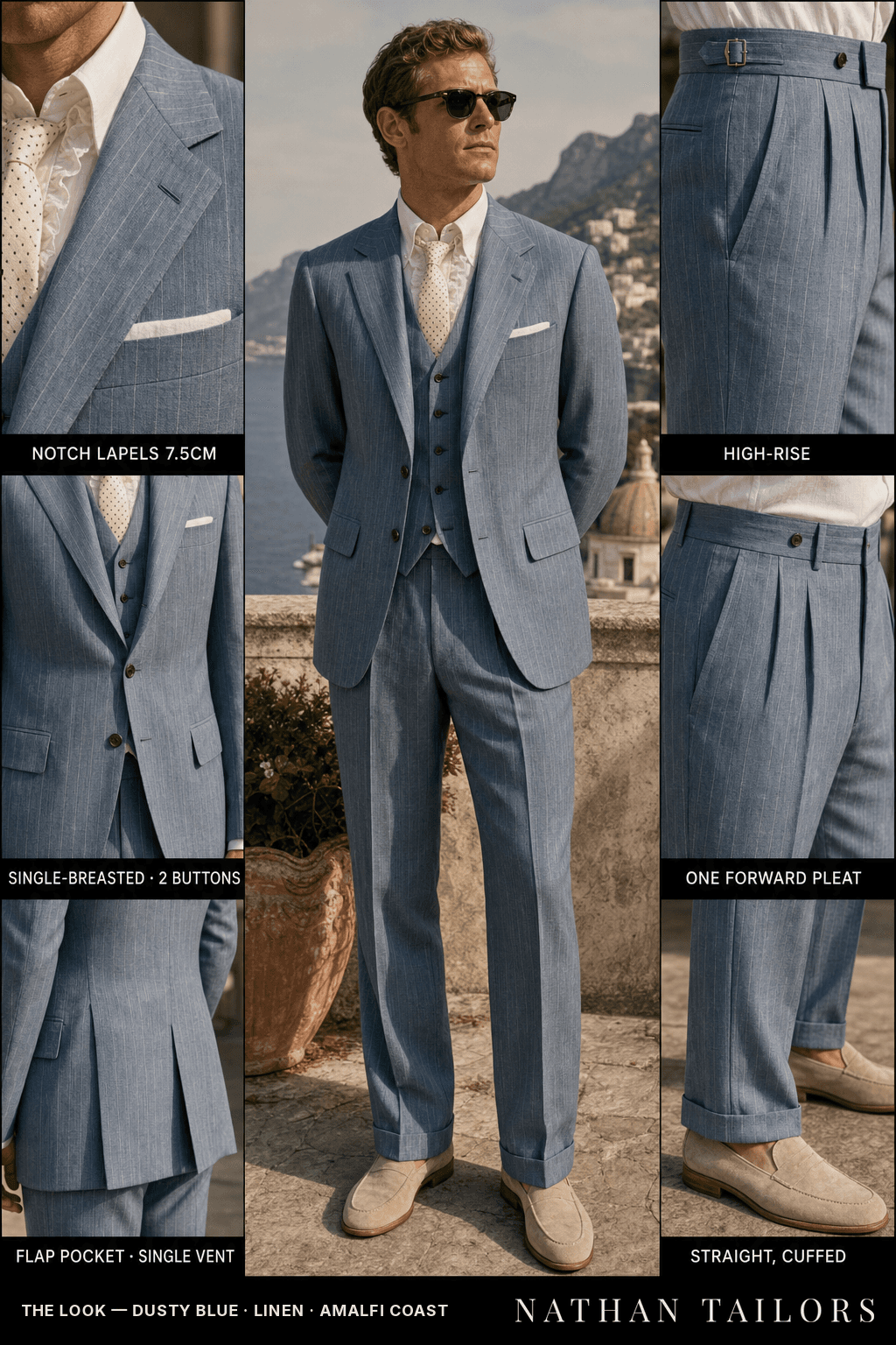 dusty blue single-breasted suit — Nathan Tailors Hoi An tailor Atelier render