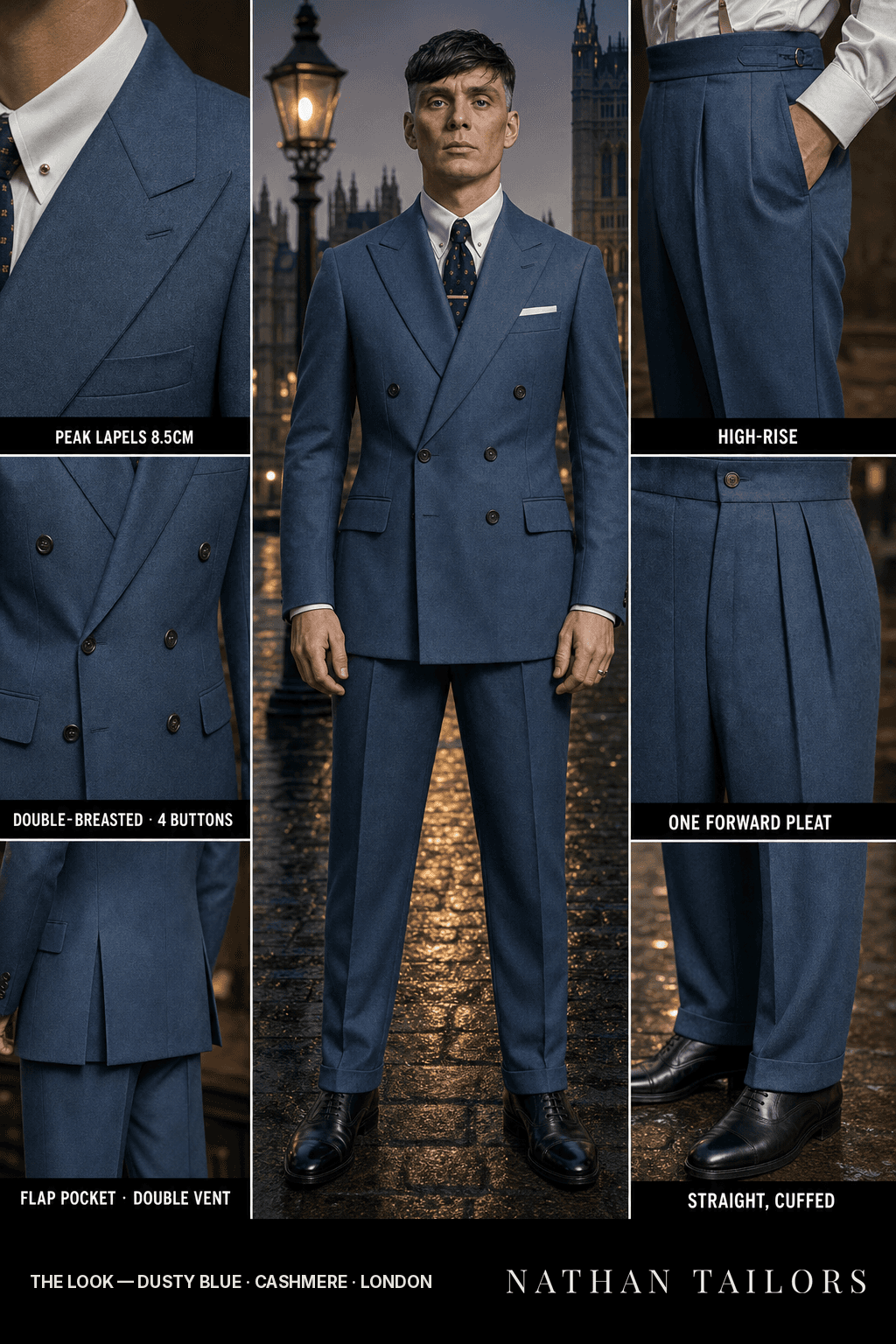 dusty blue double-breasted bespoke suit — custom tailored by Nathan Tailors, the Hoi An custom tailor