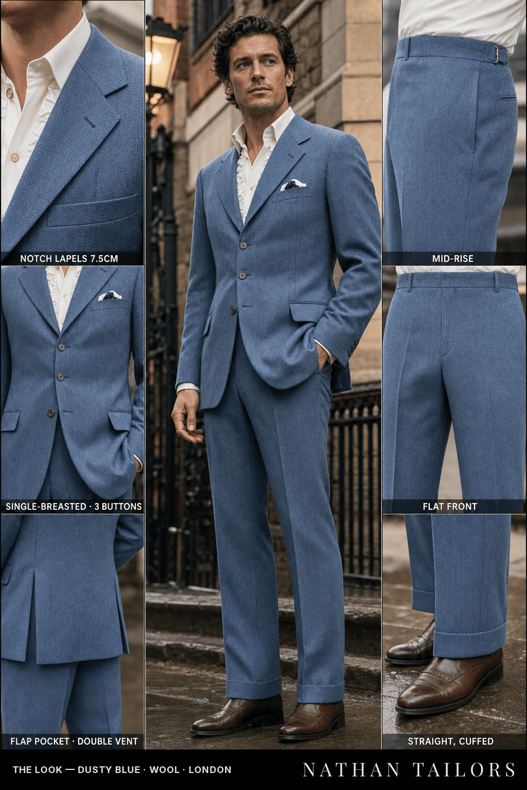 dusty blue herringbone single-breasted bespoke suit — custom tailored by Nathan Tailors, the Hoi An custom tailor