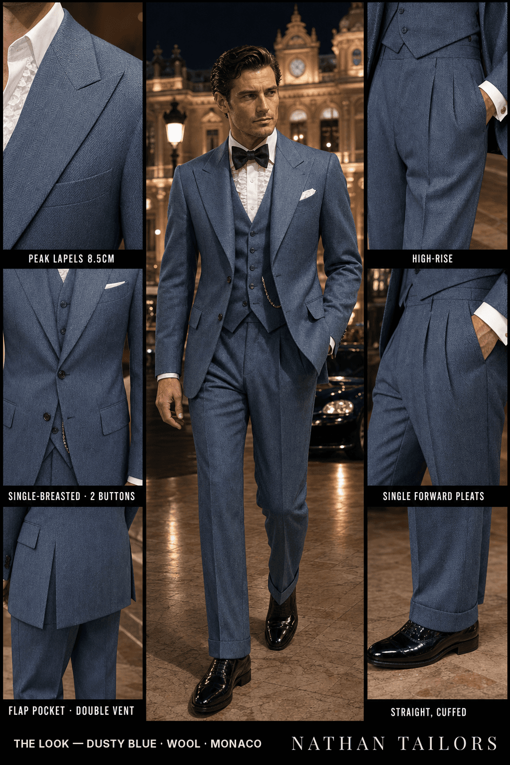dusty blue herringbone single-breasted bespoke suit — custom tailored by Nathan Tailors, the Hoi An custom tailor
