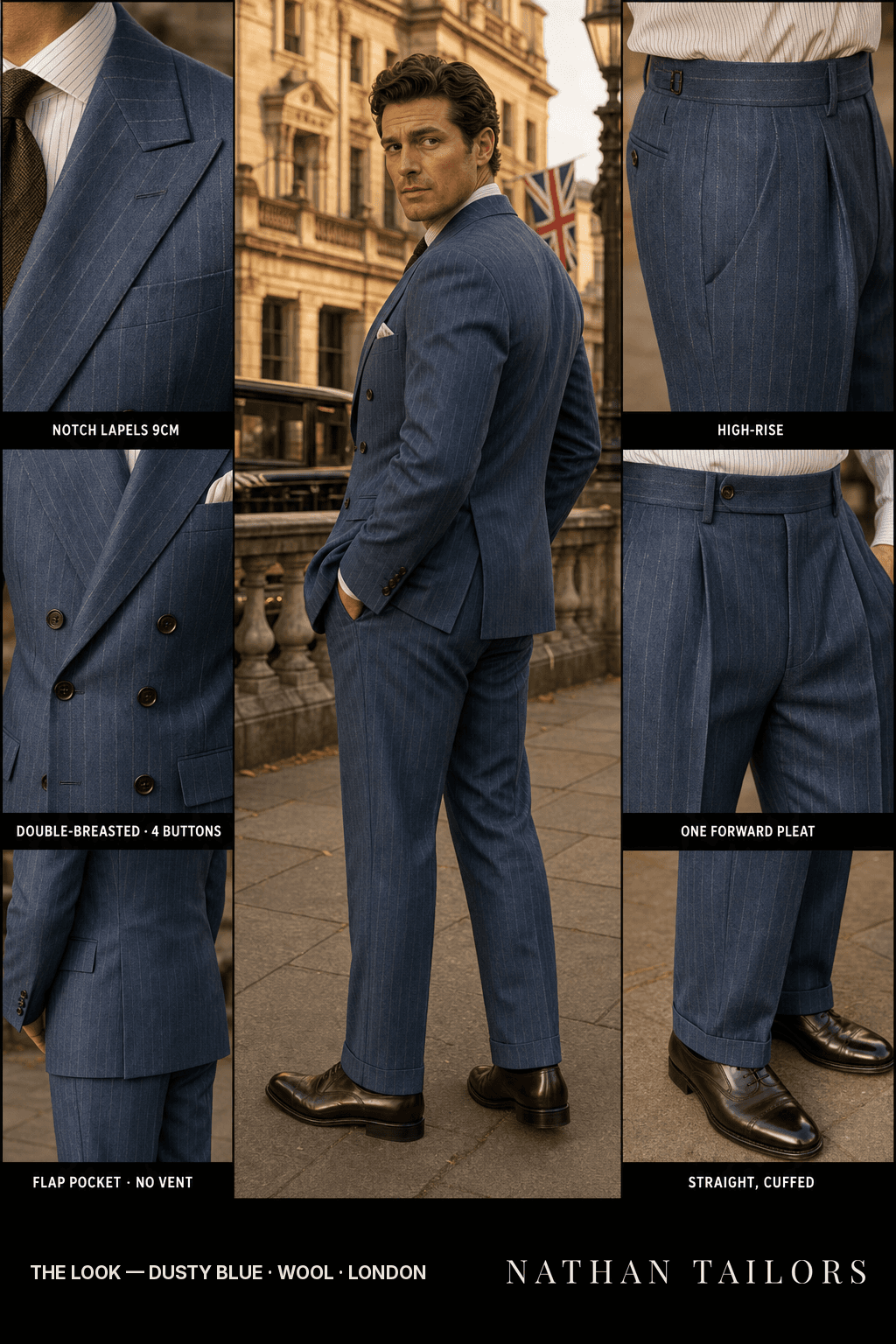 dusty blue pinstripe double-breasted bespoke suit — custom tailored by Nathan Tailors, the Hoi An custom tailor