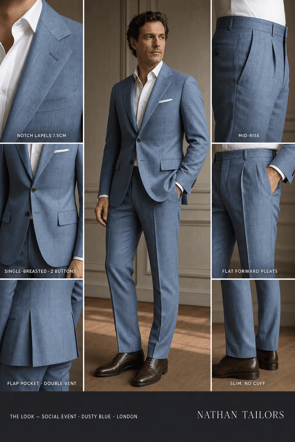 dusty blue single-breasted notch-lapel bespoke suit — AI-rendered by Nathan Tailors, the Hoi An custom tailor. Available as a custom tailored suit from $129.
