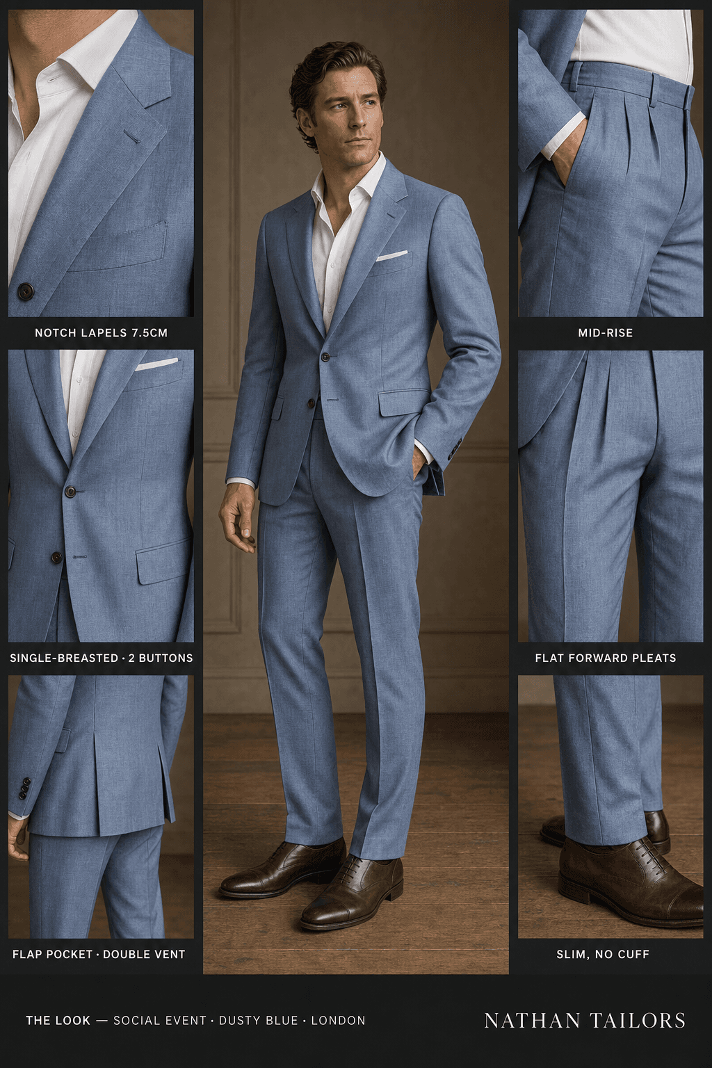 dusty blue single-breasted notch-lapel bespoke suit — AI-rendered by Nathan Tailors, the Hoi An custom tailor. Available as a custom tailored suit from $129.