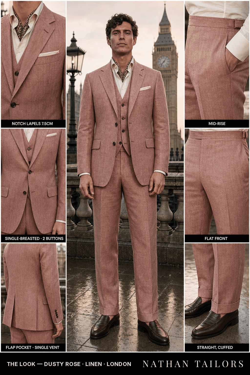 dusty rose herringbone single-breasted bespoke suit — custom tailored by Nathan Tailors, the Hoi An custom tailor