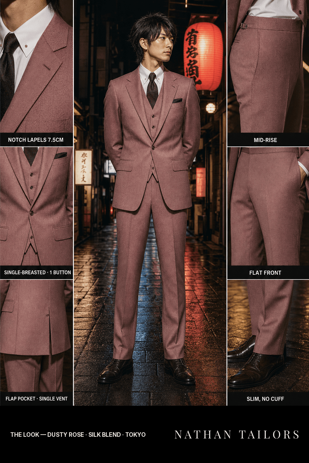 dusty rose herringbone single-breasted bespoke suit — custom tailored by Nathan Tailors, the Hoi An custom tailor