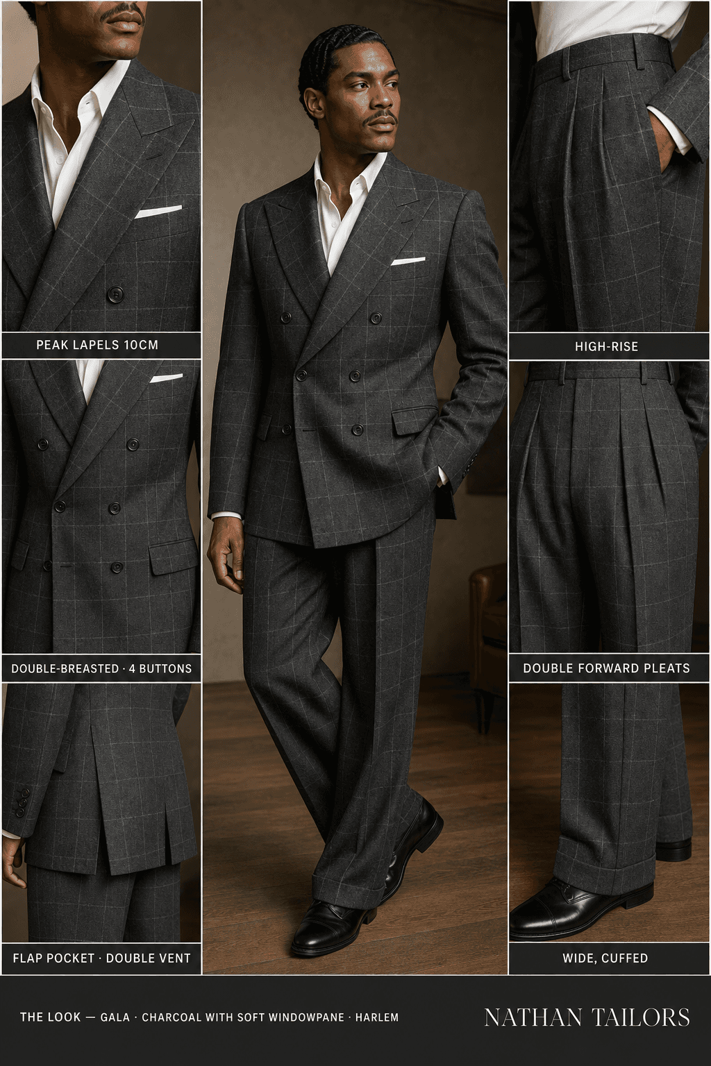 charcoal with soft windowpane windowpane double-breasted peak-lapel bespoke suit — AI-rendered by Nathan Tailors, the Hoi An custom tailor. Available as a custom tailored suit from $129.