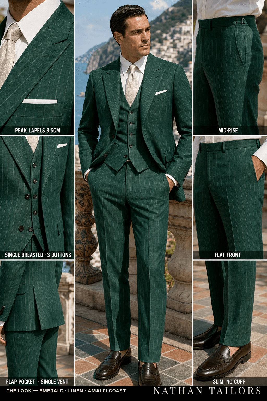 emerald chalk stripe single-breasted peak-lapel bespoke suit — AI-rendered by Nathan Tailors, the Hoi An custom tailor. Available as a custom tailored suit from $149.