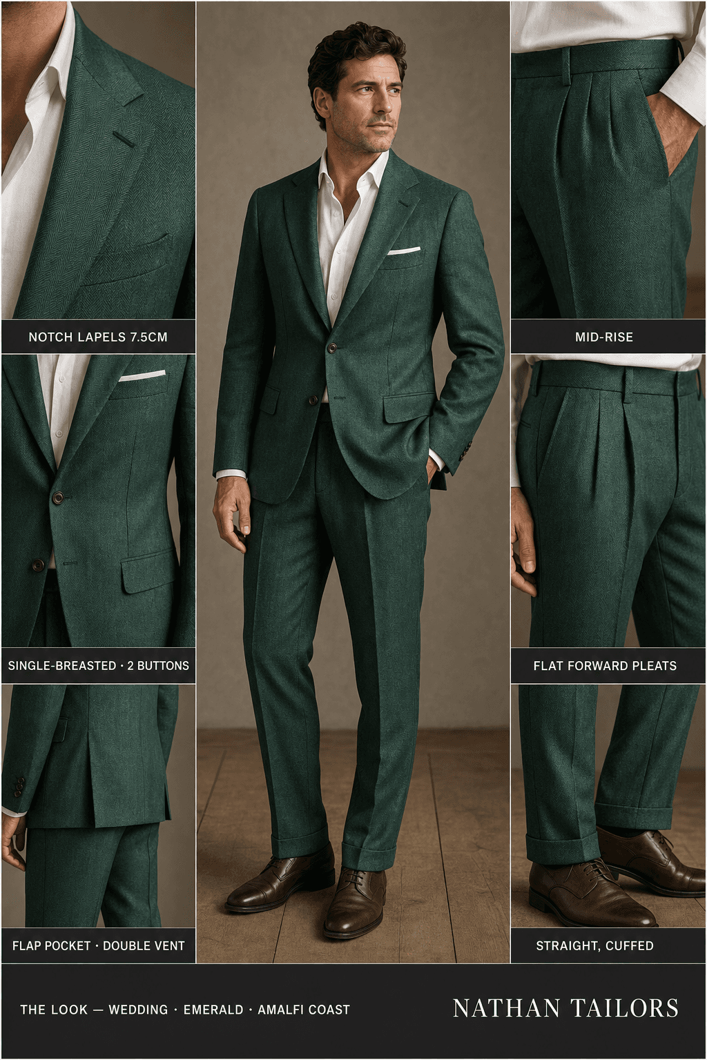 emerald herringbone single-breasted bespoke suit — custom tailored by Nathan Tailors, the Hoi An custom tailor