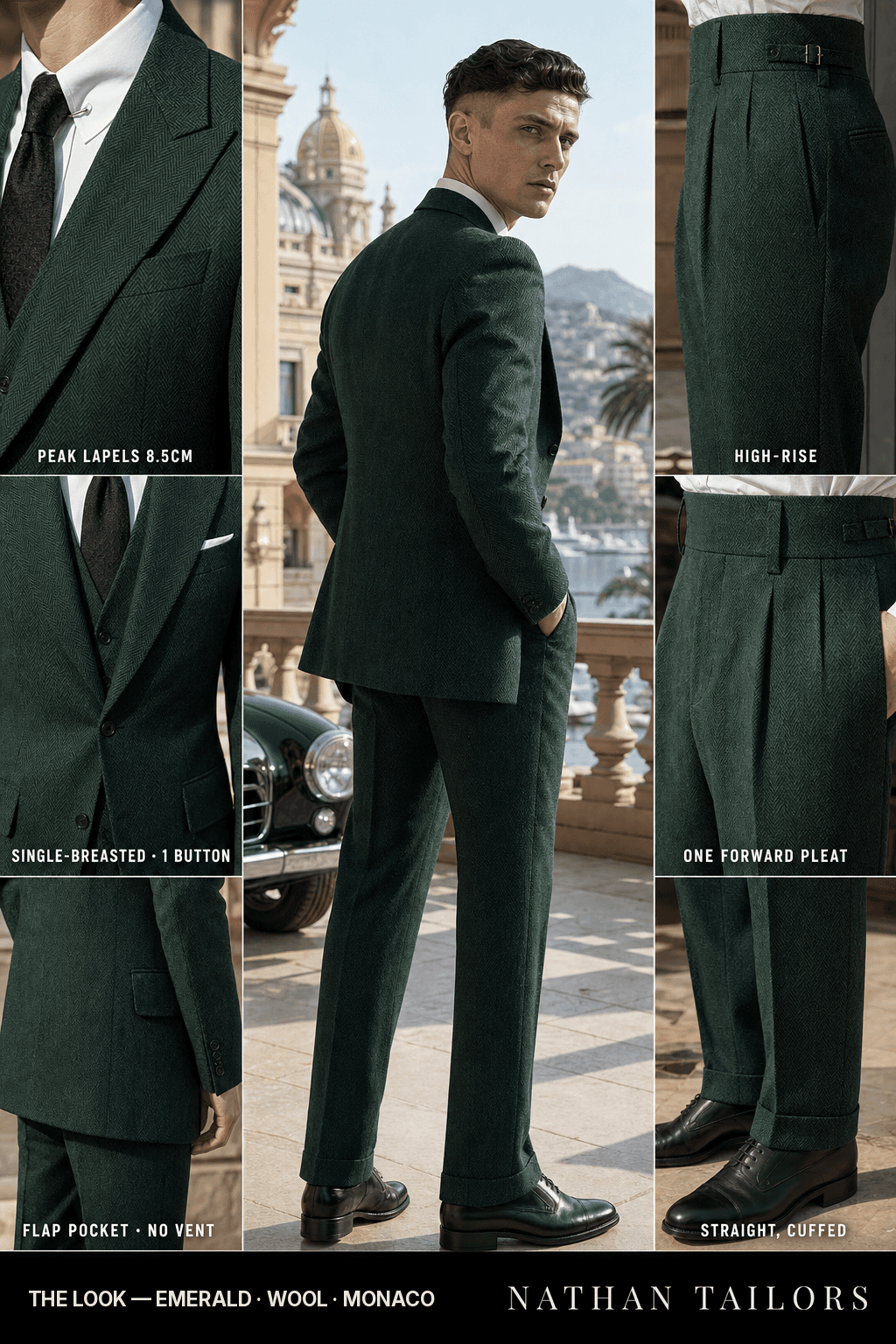 emerald herringbone single-breasted bespoke suit — custom tailored by Nathan Tailors, the Hoi An custom tailor