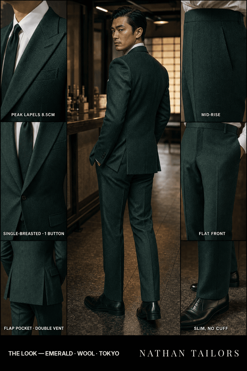 emerald herringbone single-breasted bespoke suit — custom tailored by Nathan Tailors, the Hoi An custom tailor