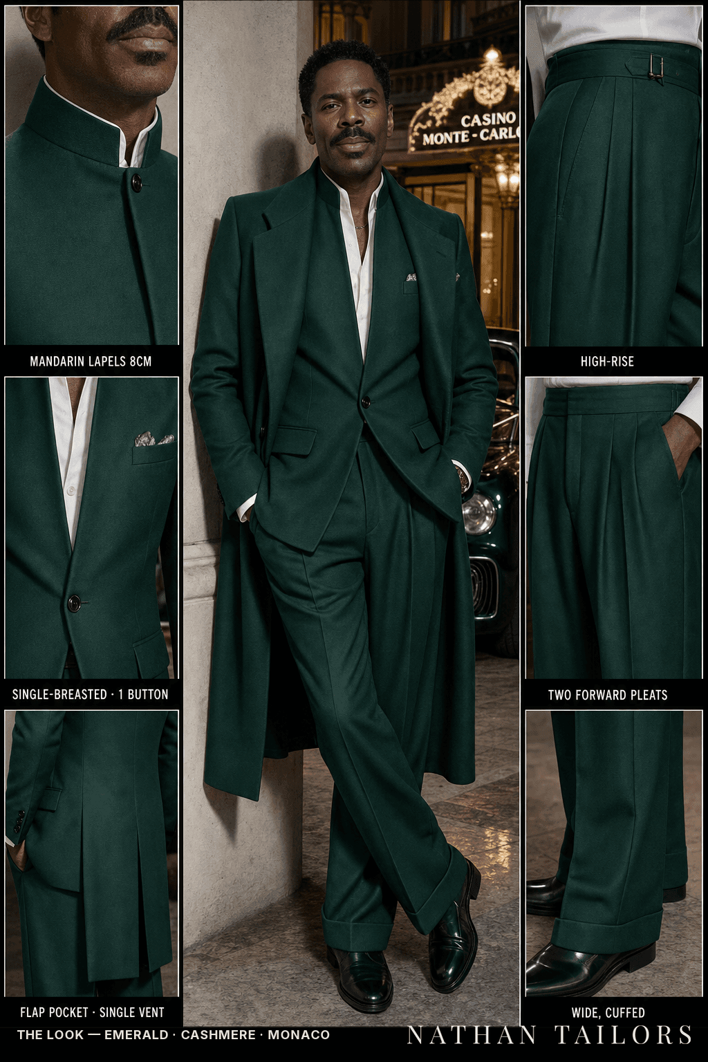 emerald single-breasted bespoke suit — custom tailored by Nathan Tailors, the Hoi An custom tailor