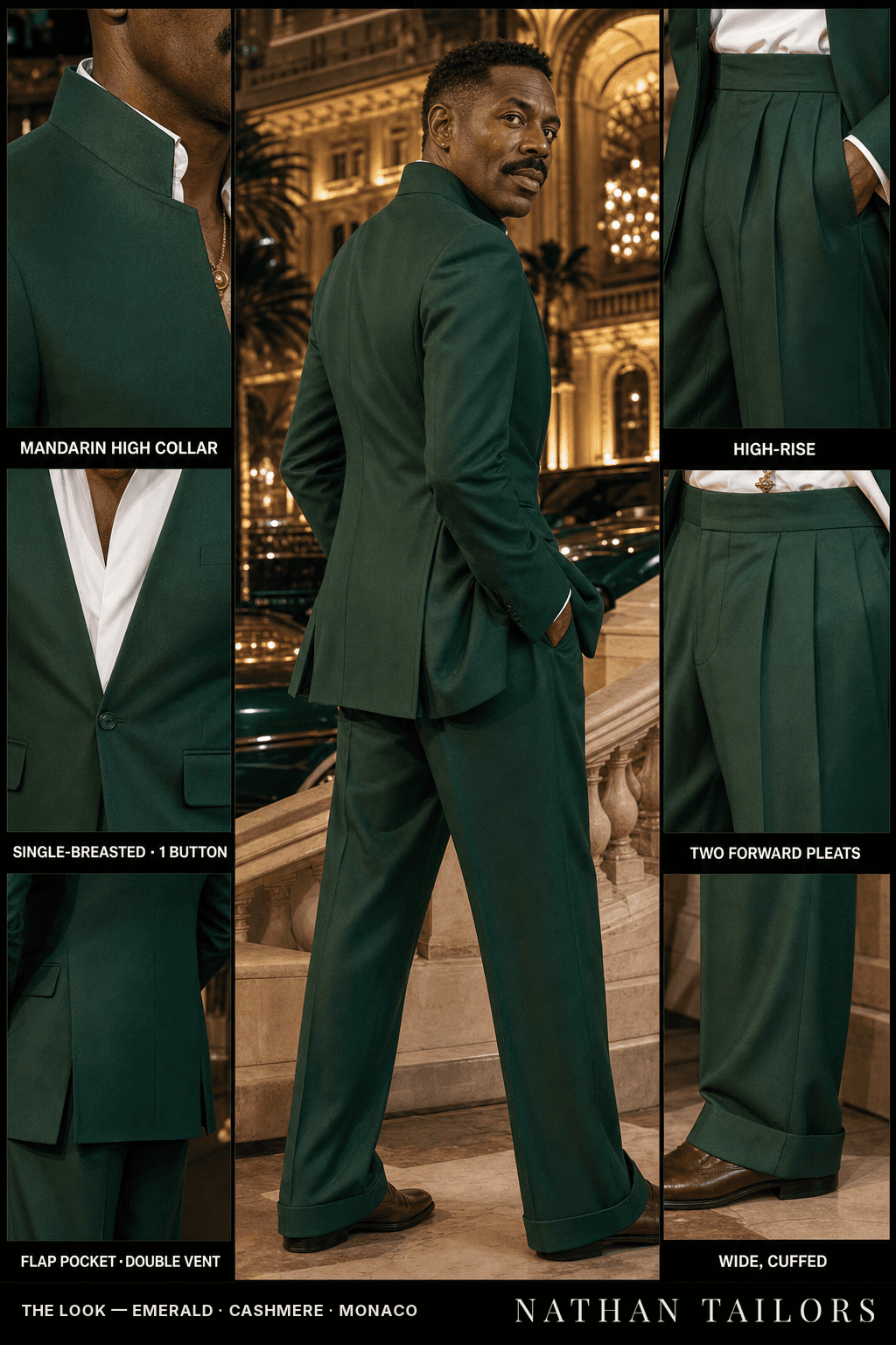 emerald single-breasted notch-lapel bespoke suit — AI-rendered by Nathan Tailors, the Hoi An custom tailor. Available as a custom tailored suit from $149.