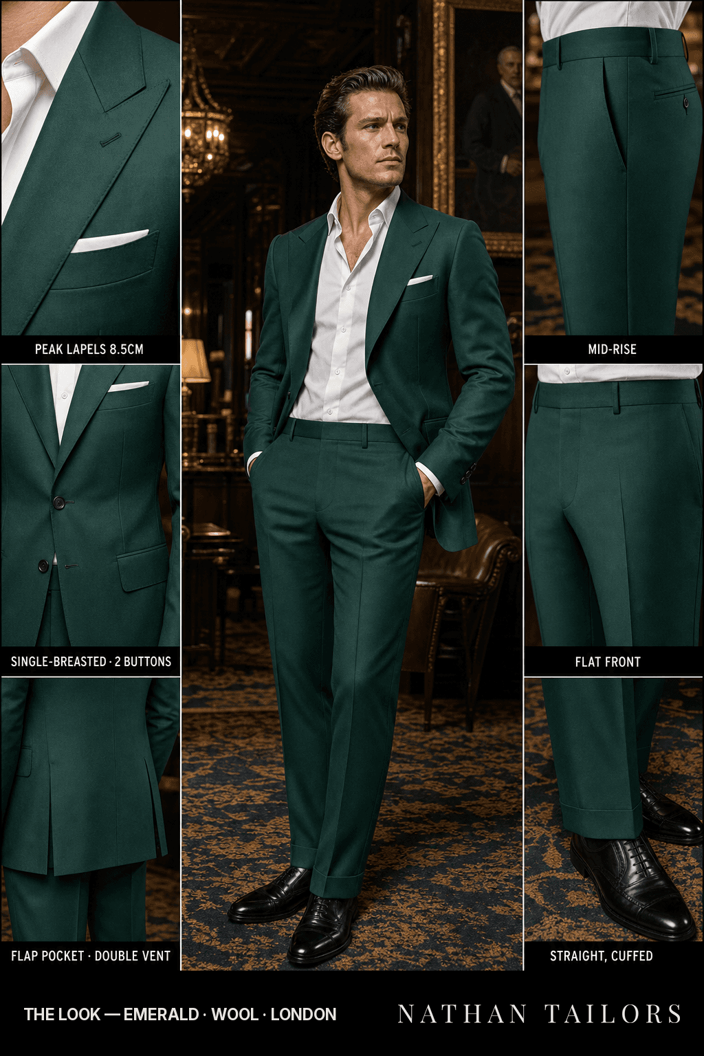 emerald single-breasted bespoke suit — custom tailored by Nathan Tailors, the Hoi An custom tailor
