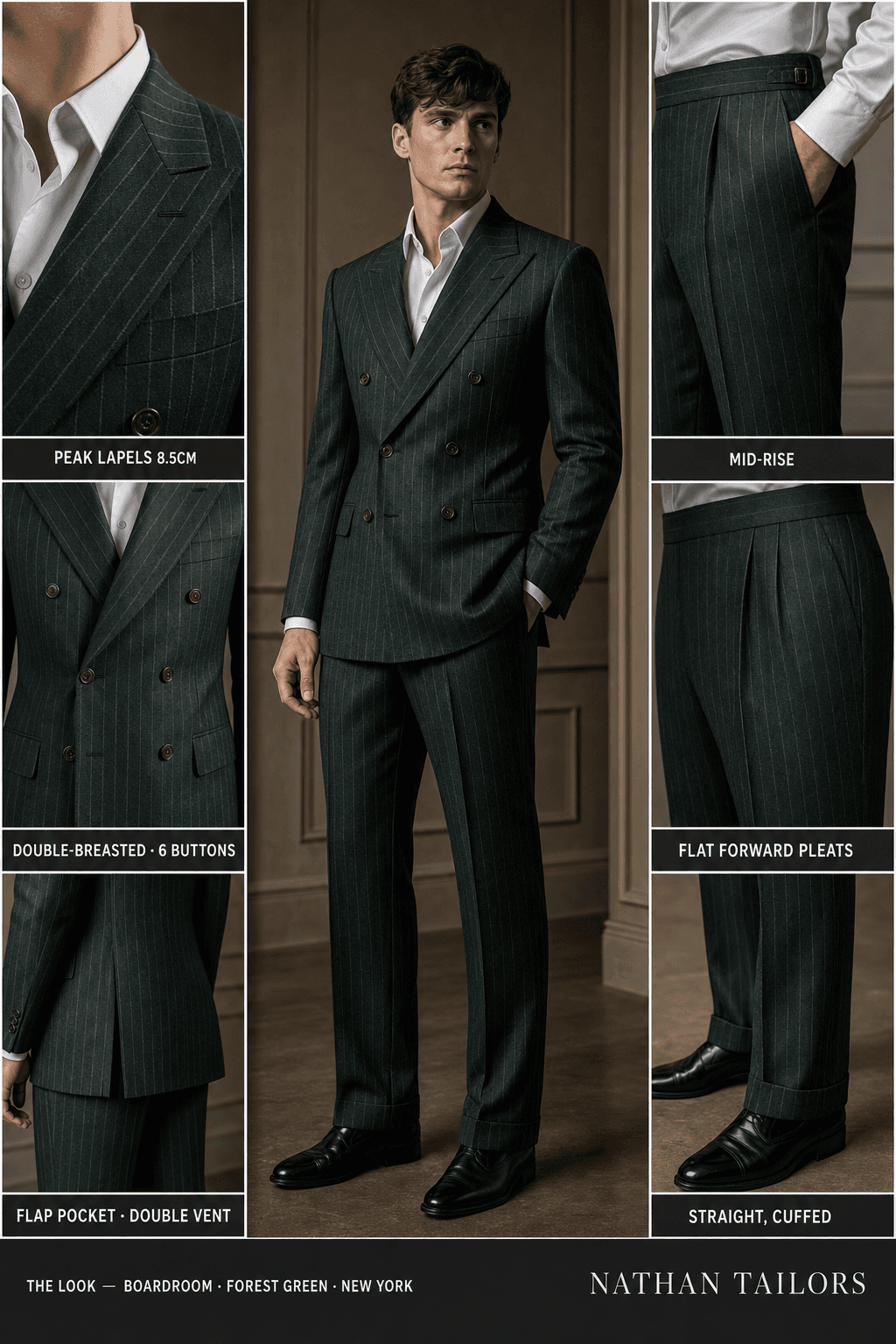 forest green chalk stripe double-breasted peak-lapel bespoke suit — AI-rendered by Nathan Tailors, the Hoi An custom tailor. Available as a custom tailored suit from $129.