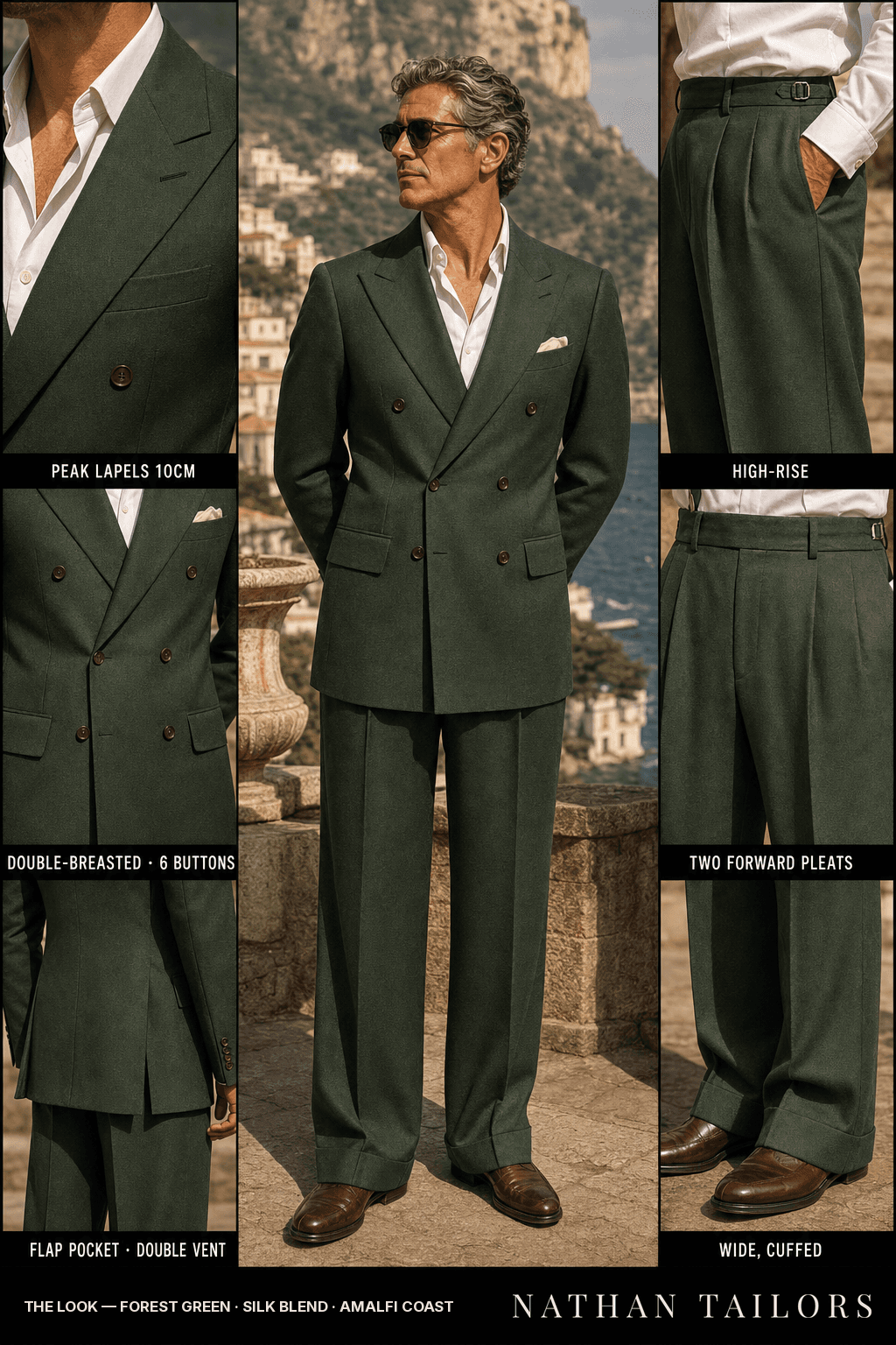 forest green double-breasted bespoke suit — custom tailored by Nathan Tailors, the Hoi An custom tailor