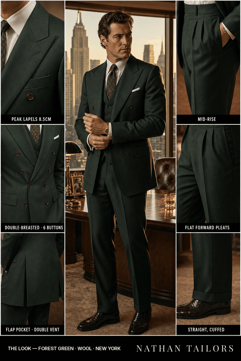 forest green double-breasted peak-lapel bespoke suit — AI-rendered by Nathan Tailors, the Hoi An custom tailor. Available as a custom tailored suit from $149.
