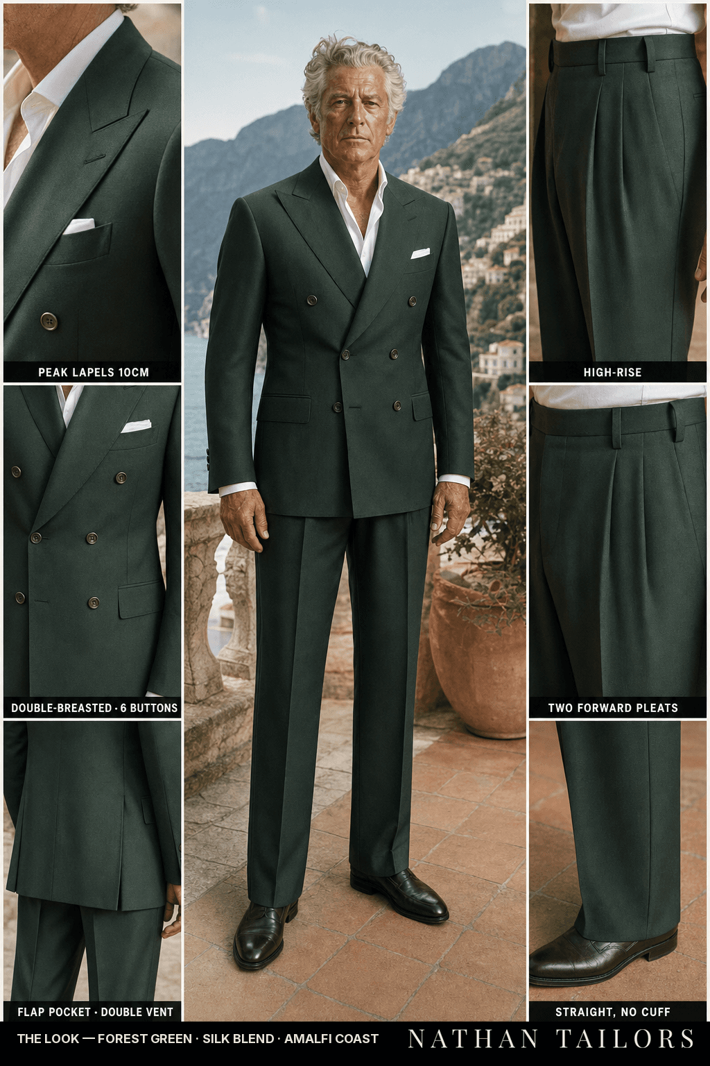 forest green double-breasted bespoke suit — custom tailored by Nathan Tailors, the Hoi An custom tailor