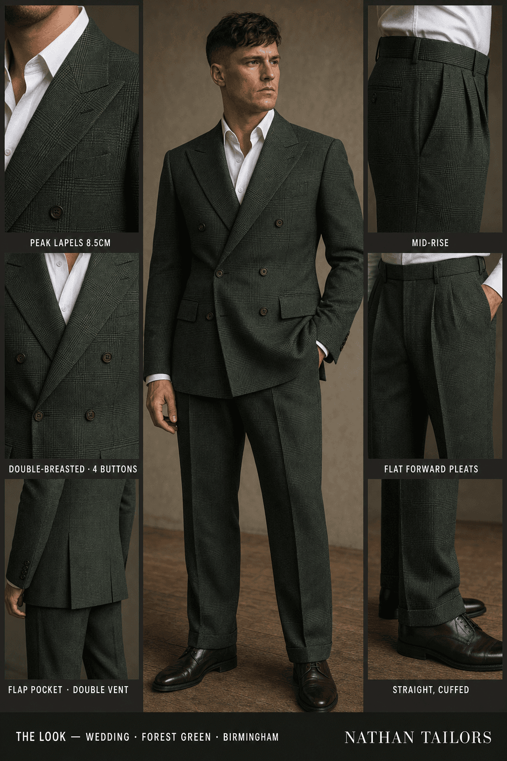 forest green glen plaid double-breasted peak-lapel bespoke suit — AI-rendered by Nathan Tailors, the Hoi An custom tailor. Available as a custom tailored suit from $129.