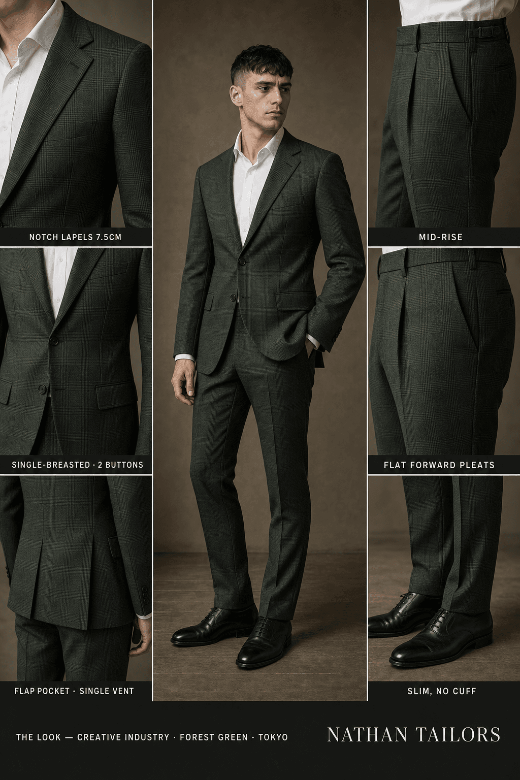 forest green glen plaid single-breasted notch-lapel bespoke suit — AI-rendered by Nathan Tailors, the Hoi An custom tailor. Available as a custom tailored suit from $129.