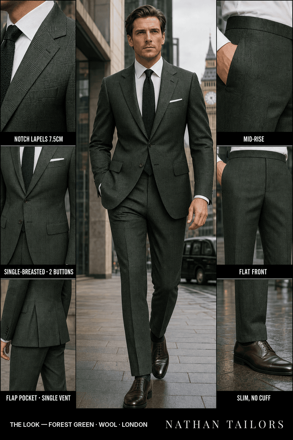 forest green glen plaid single-breasted notch-lapel bespoke suit — AI-rendered by Nathan Tailors, the Hoi An custom tailor. Available as a custom tailored suit from $149.