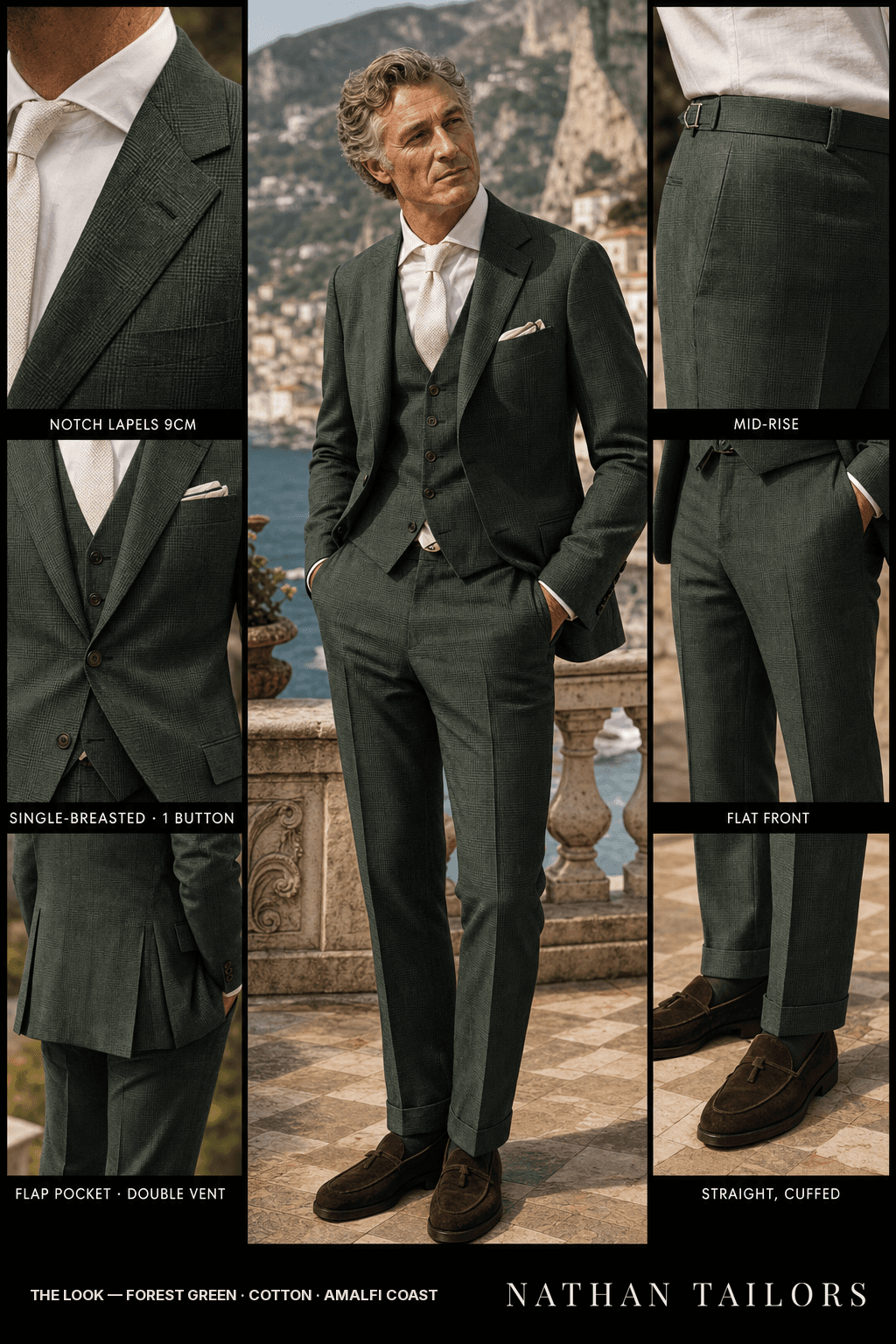 forest green glen plaid single-breasted notch-lapel bespoke suit — AI-rendered by Nathan Tailors, the Hoi An custom tailor. Available as a custom tailored suit from $149.