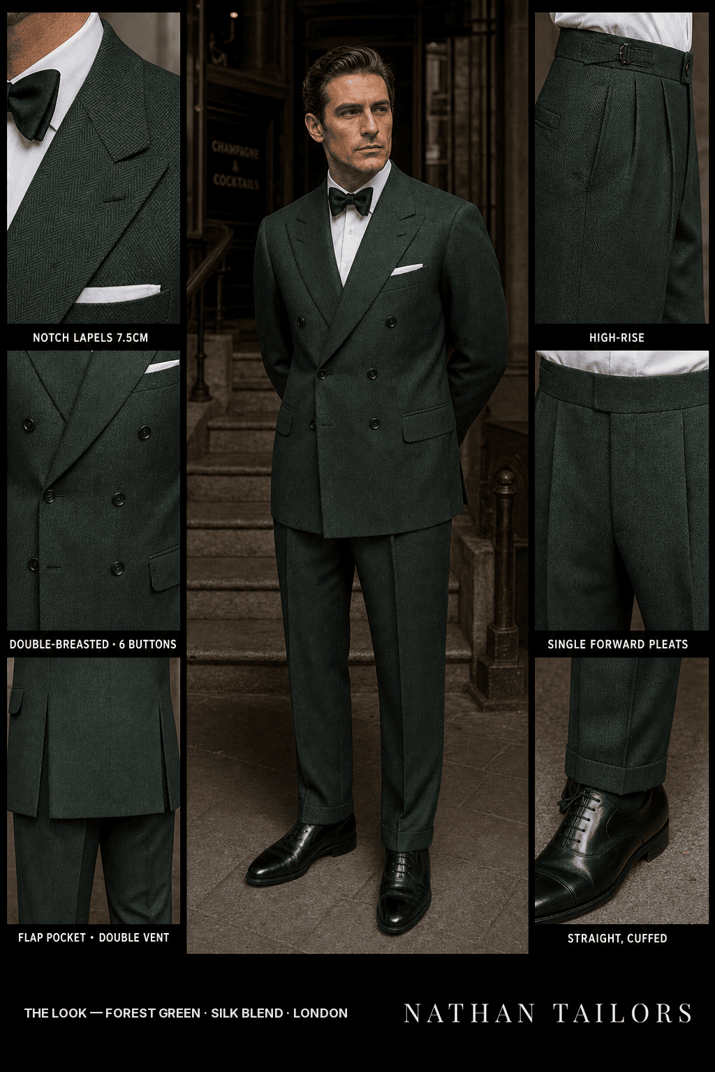 forest green herringbone double-breasted bespoke suit — custom tailored by Nathan Tailors, the Hoi An custom tailor
