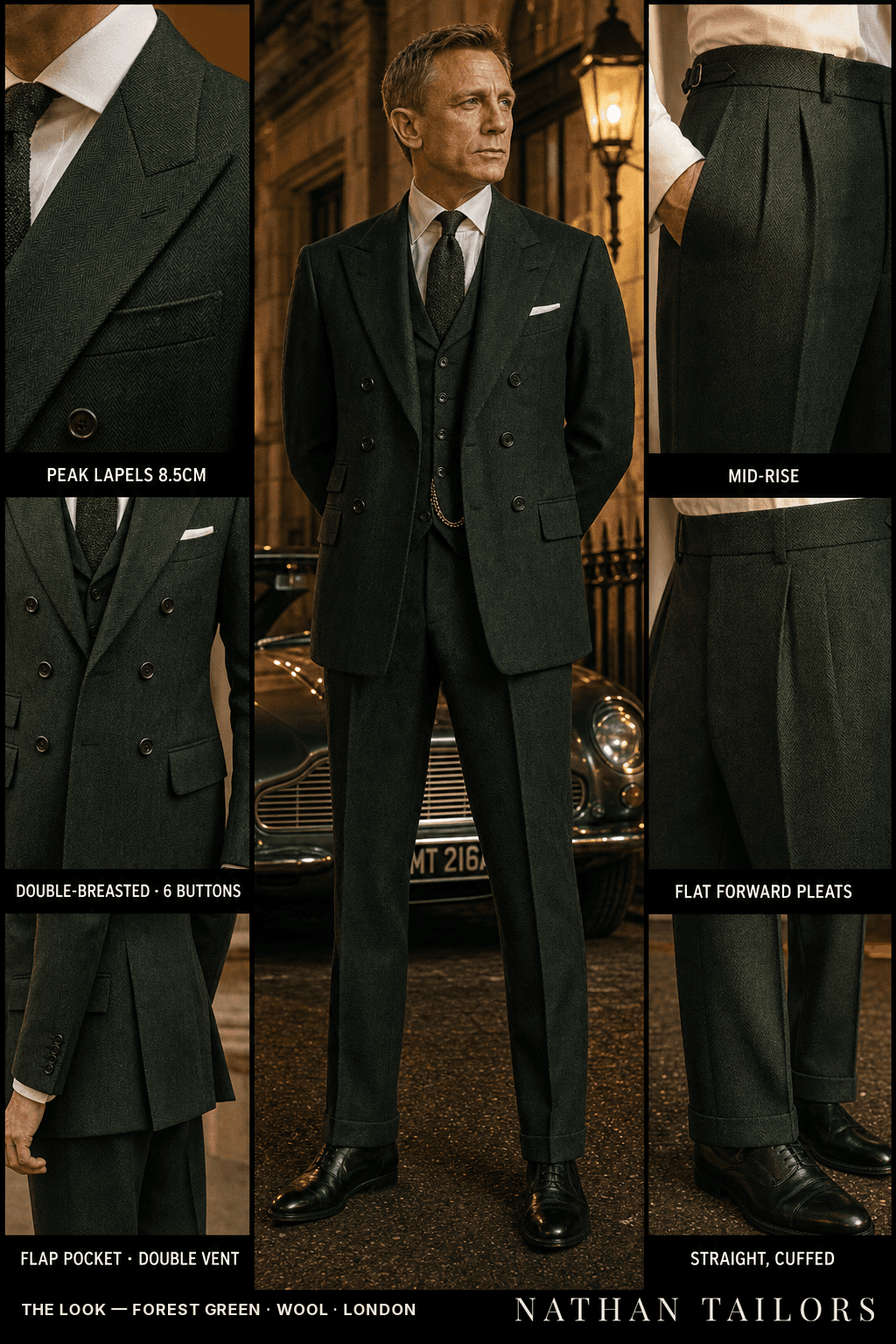 forest green herringbone double-breasted bespoke suit — custom tailored by Nathan Tailors, the Hoi An custom tailor