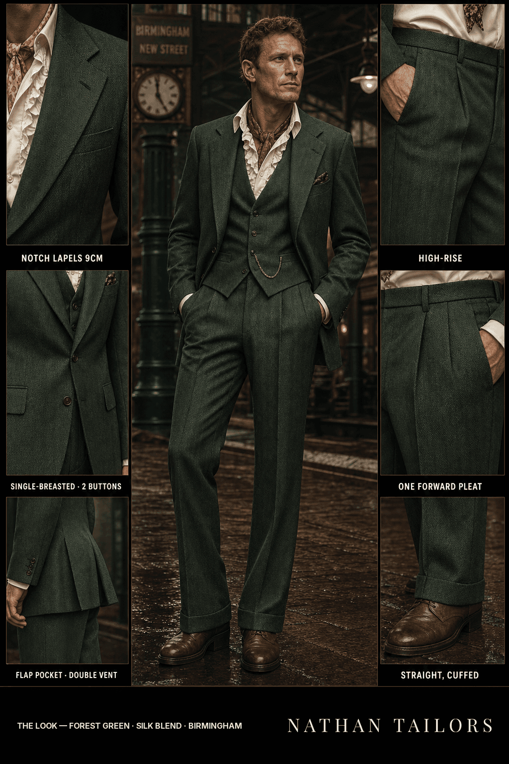 forest green herringbone single-breasted bespoke suit — custom tailored by Nathan Tailors, the Hoi An custom tailor