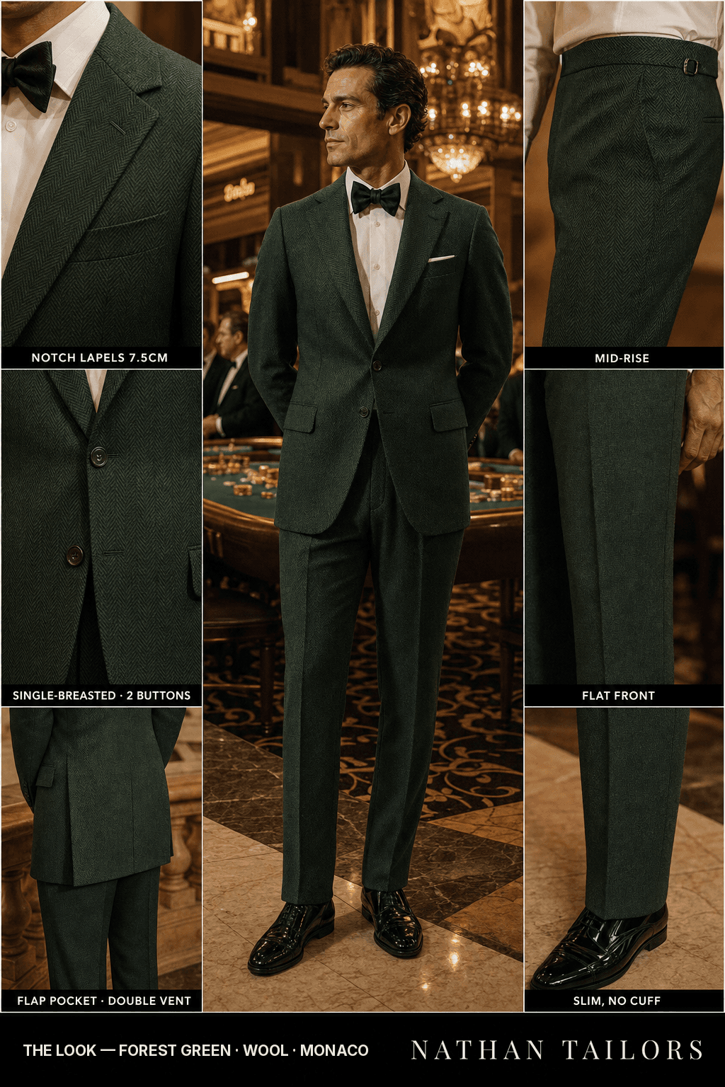 forest green herringbone single-breasted notch-lapel bespoke suit — AI-rendered by Nathan Tailors, the Hoi An custom tailor. Available as a custom tailored suit from $149.