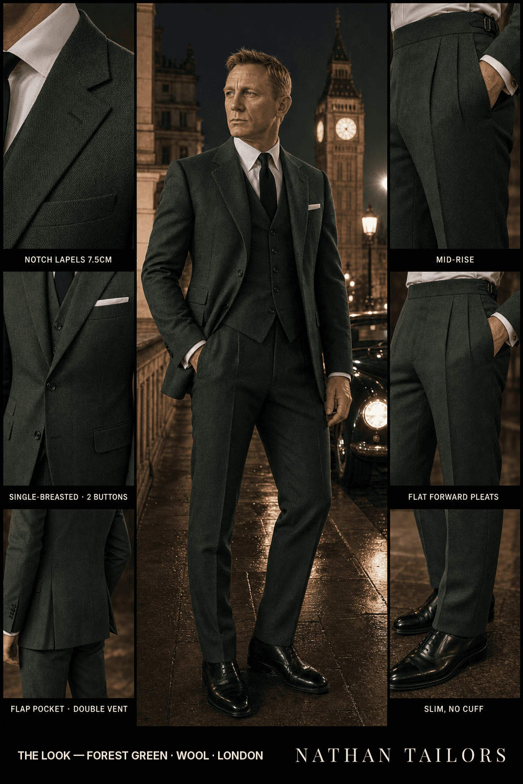 forest green herringbone single-breasted bespoke suit — custom tailored by Nathan Tailors, the Hoi An custom tailor