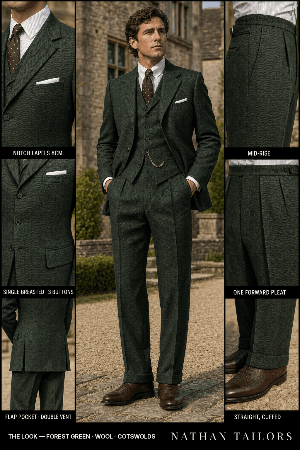 forest green herringbone single-breasted notch-lapel bespoke suit — AI-rendered by Nathan Tailors, the Hoi An custom tailor. Available as a custom tailored suit from $149.