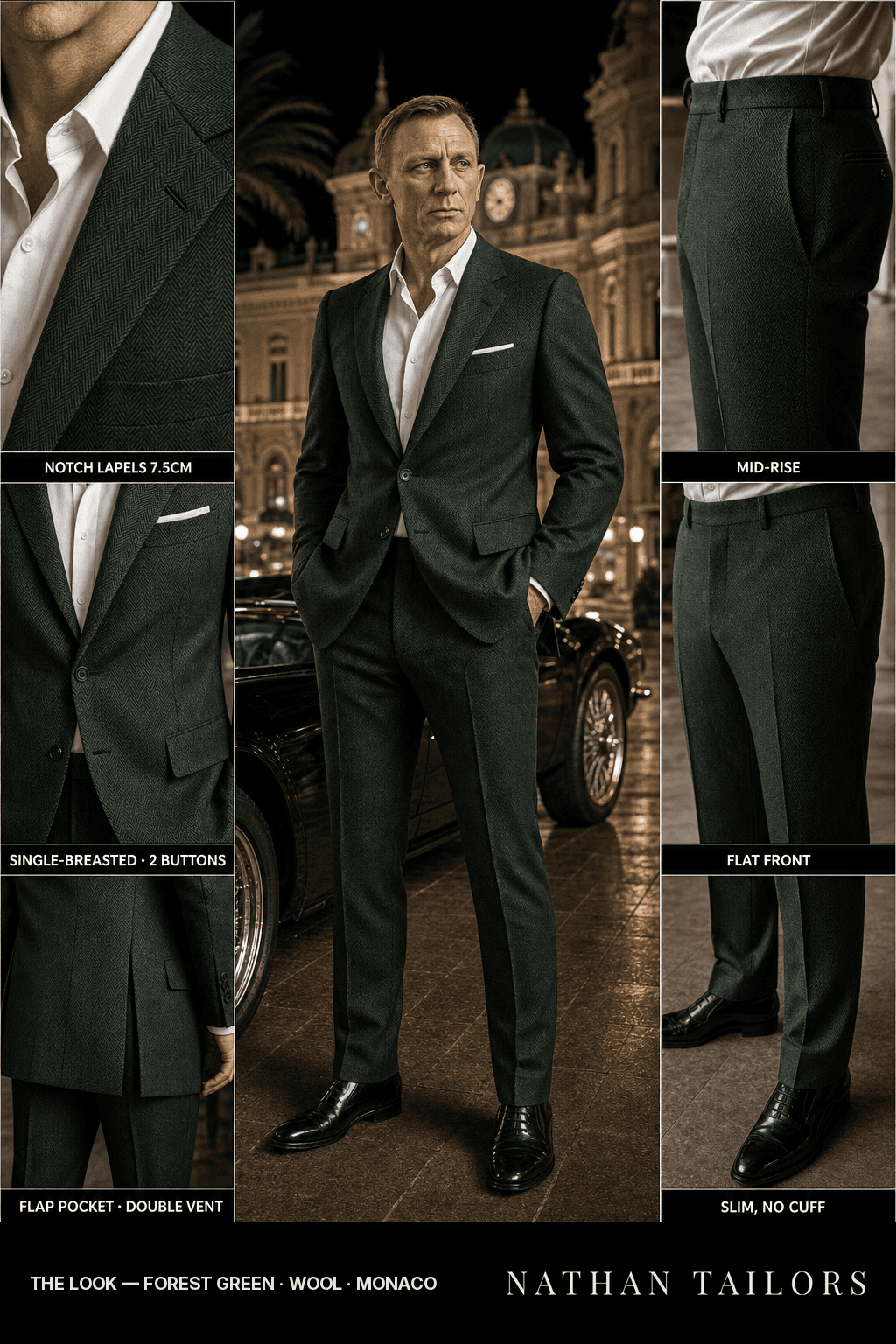 forest green herringbone single-breasted notch-lapel bespoke suit — AI-rendered by Nathan Tailors, the Hoi An custom tailor. Available as a custom tailored suit from $149.
