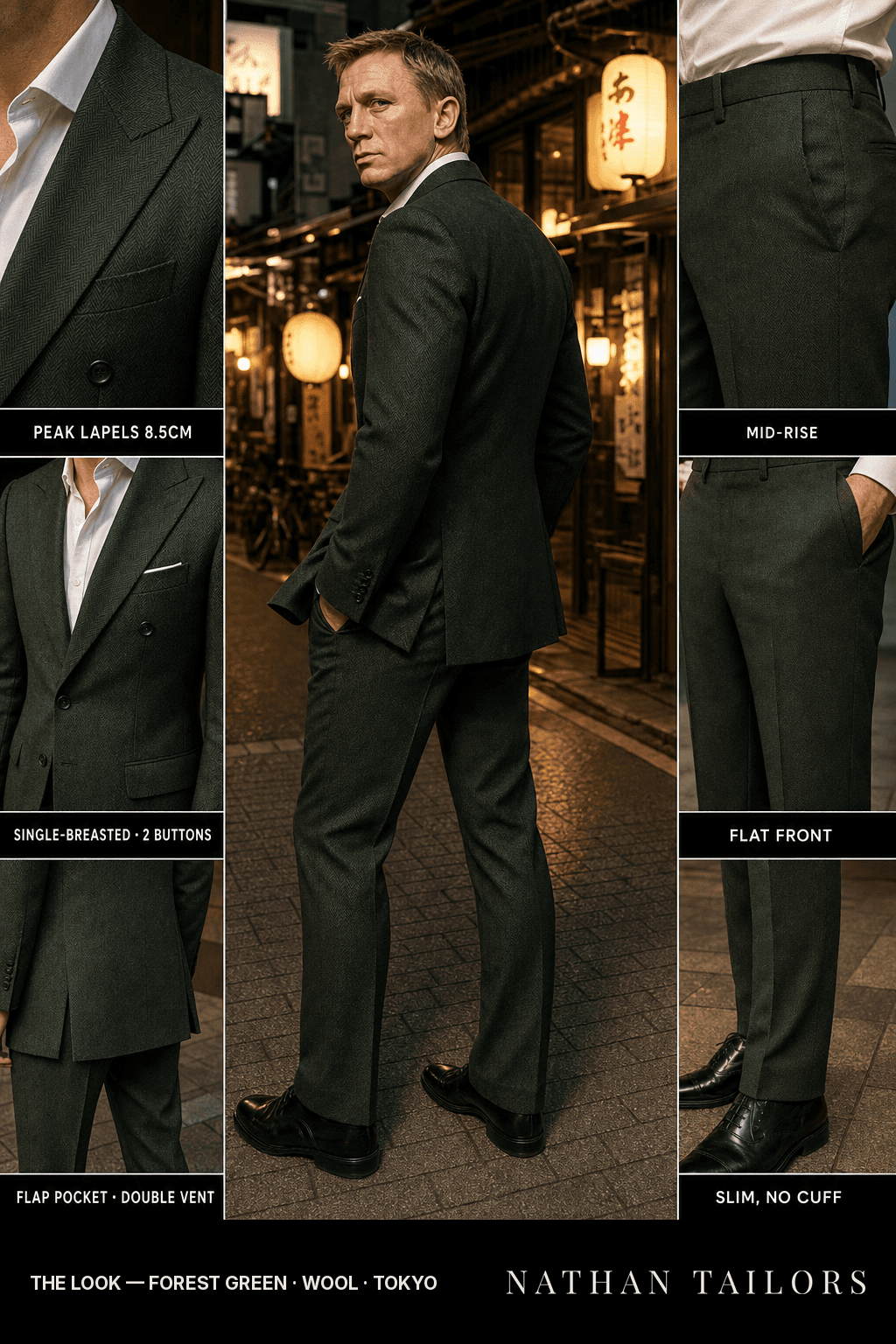 forest green herringbone single-breasted bespoke suit — custom tailored by Nathan Tailors, the Hoi An custom tailor