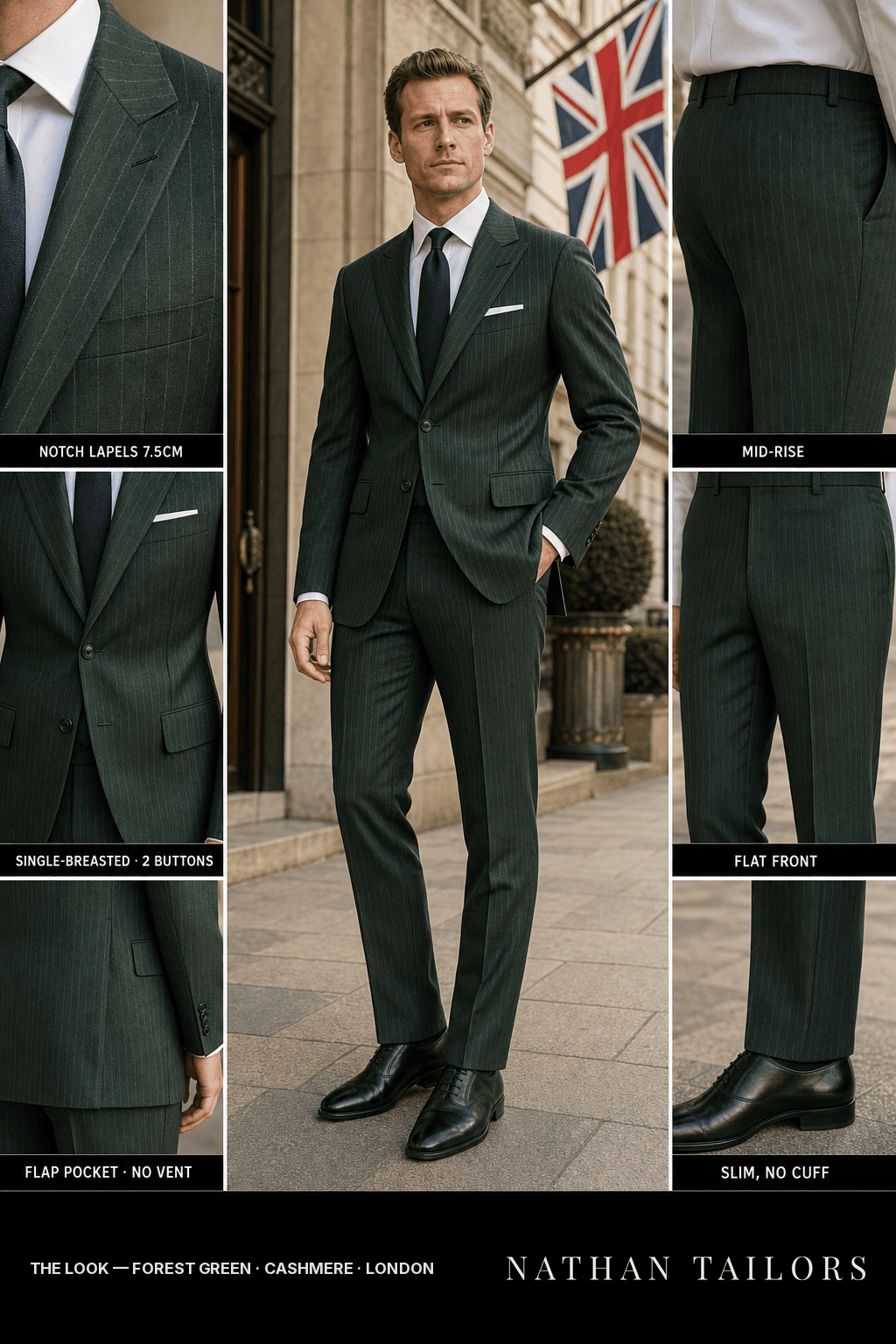 forest green pinstripe single-breasted bespoke suit — custom tailored by Nathan Tailors, the Hoi An custom tailor