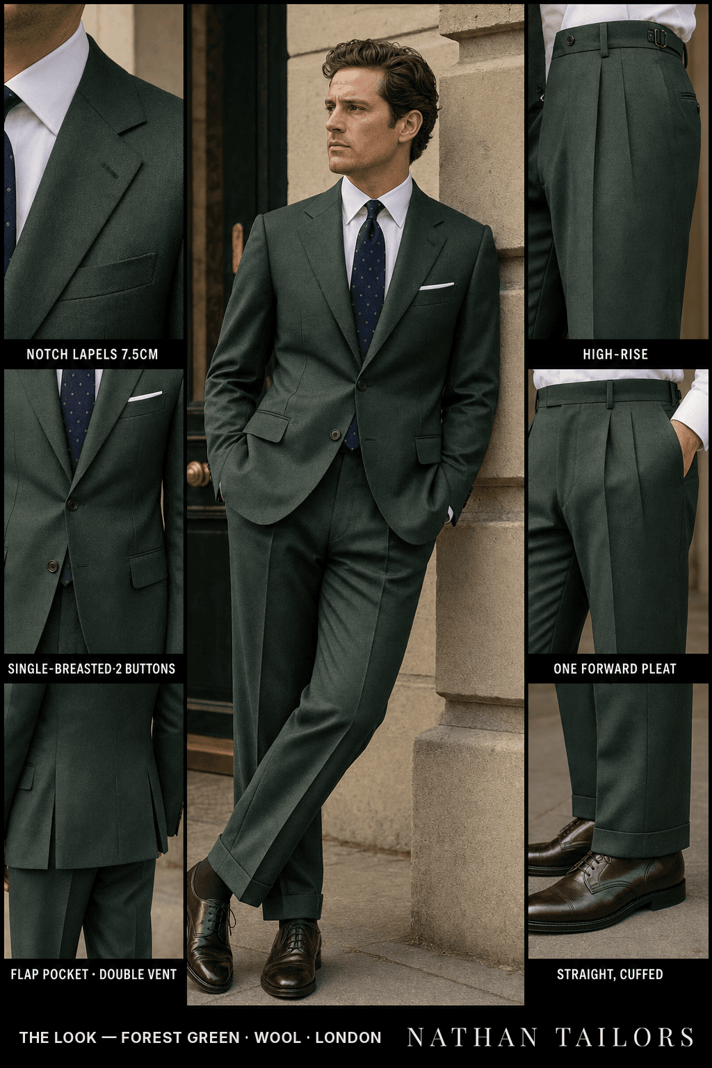 forest green single-breasted bespoke suit — custom tailored by Nathan Tailors, the Hoi An custom tailor