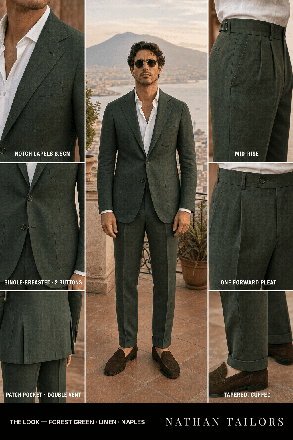 forest green single-breasted bespoke suit — custom tailored by Nathan Tailors, the Hoi An custom tailor