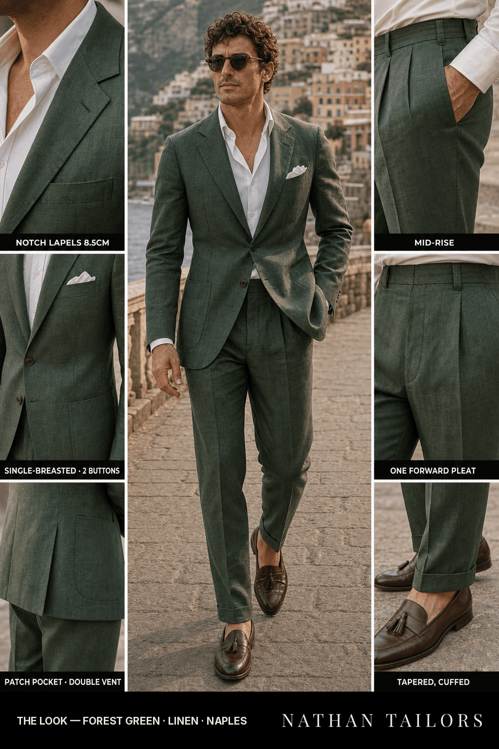 forest green single-breasted bespoke suit — custom tailored by Nathan Tailors, the Hoi An custom tailor