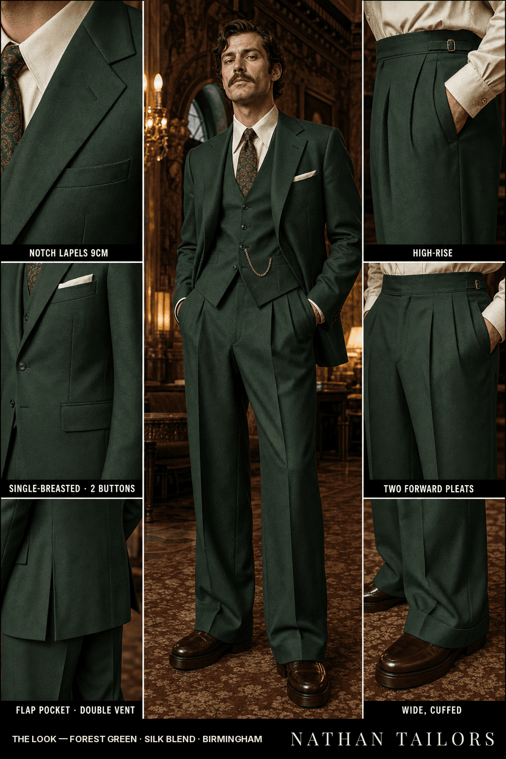 forest green single-breasted bespoke suit — custom tailored by Nathan Tailors, the Hoi An custom tailor